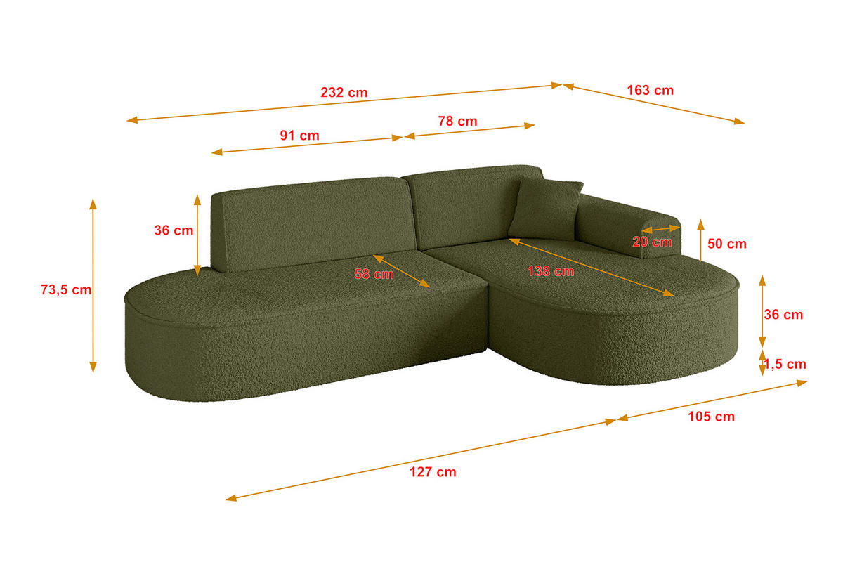 ECKSOFA Ottomane Rechts MARI-L1 - 232x163x73,5 cm Grün Bouclé - Schwarz/Grün, Holzwerkstoff/Kunststoff (234/163cm) - ALTDECOR