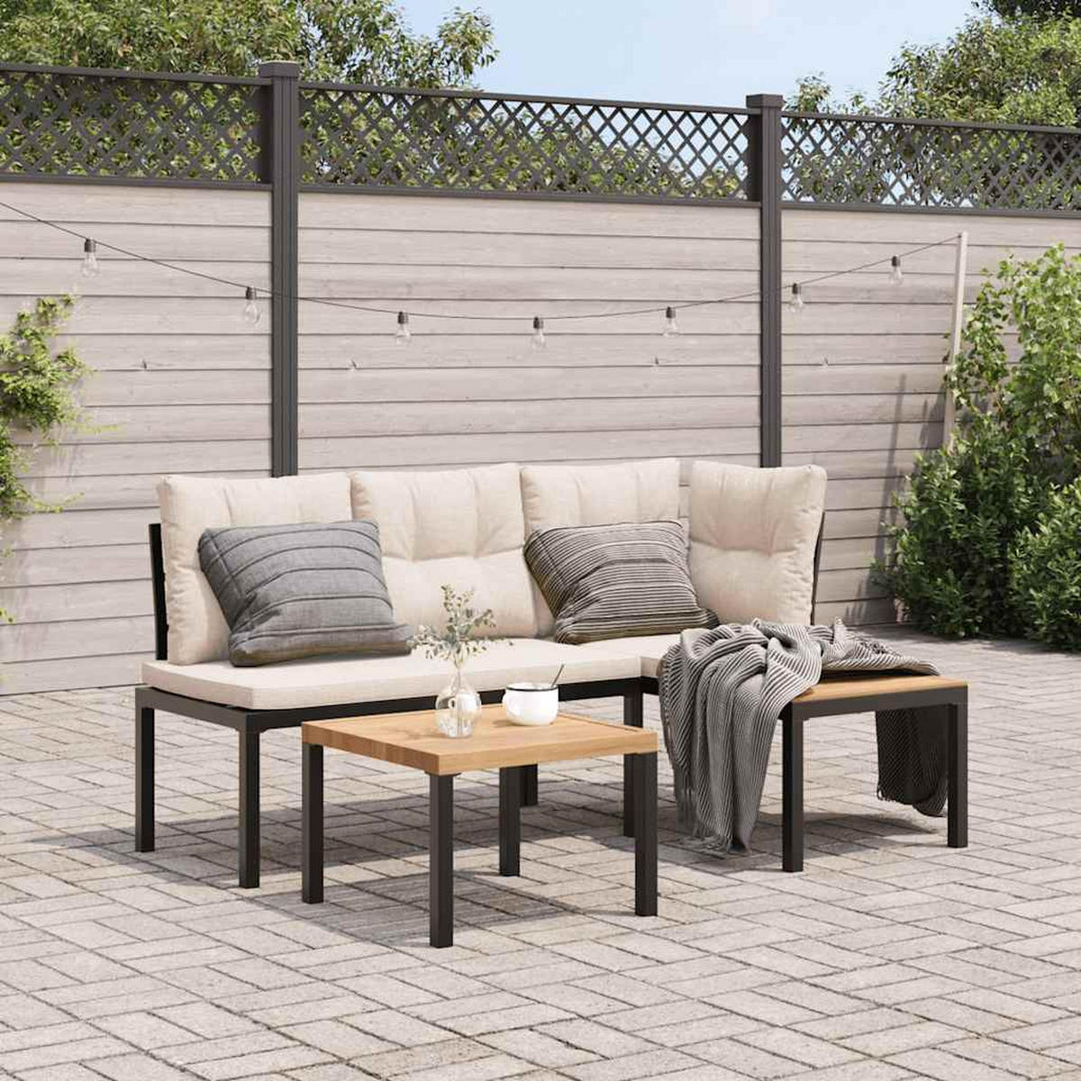 GARTENBANK-SET 3-Tlg. Schwarz Pulverbeschichteter Stahl - Beige, Metall - vidaXL