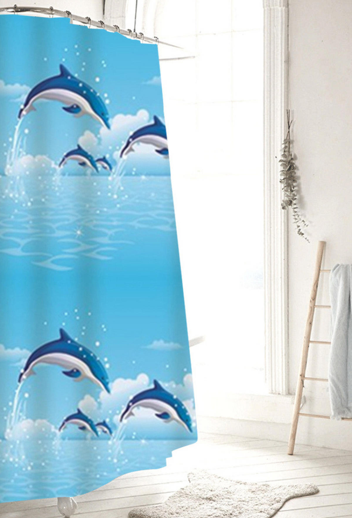 DUSCHVORHANG ohne Bohren trocken mit Haken Badezimmer - Blau, Kunststoff (150/180cm) - MCBOSON