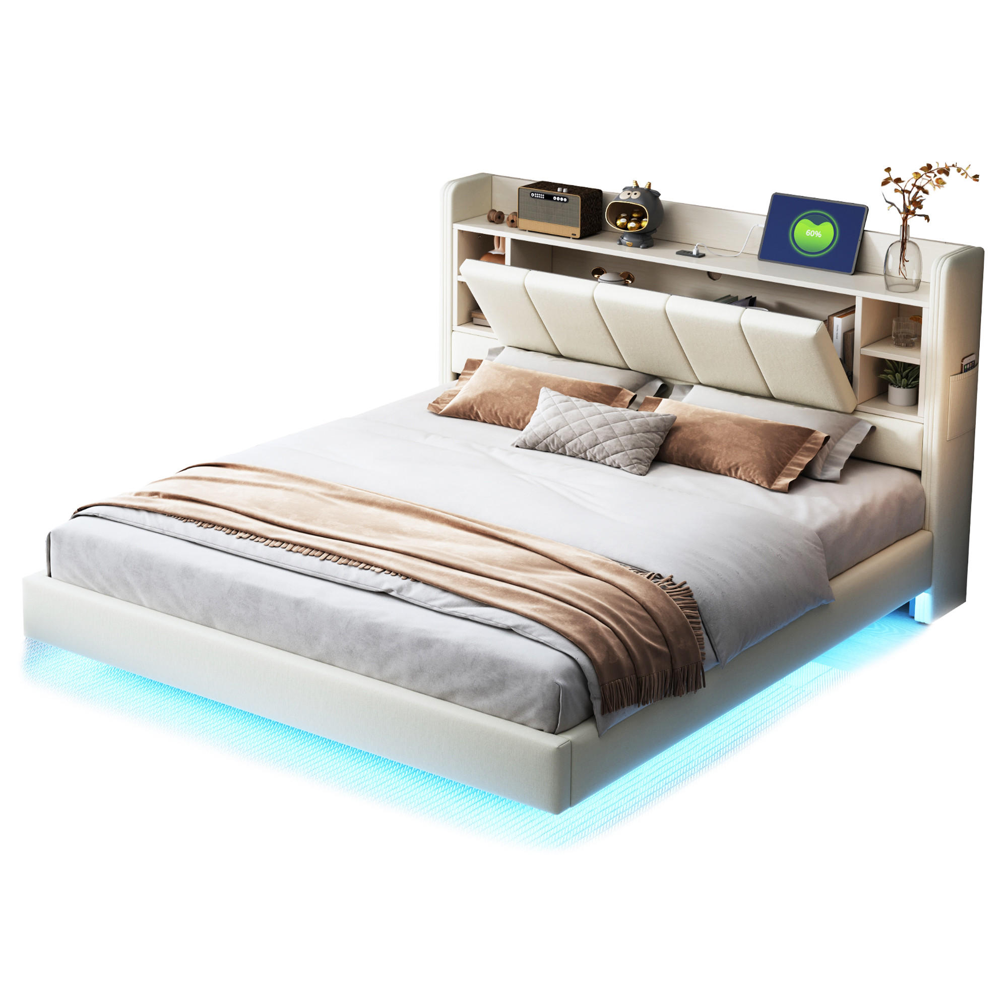 POLSTERBETT 160/200 cm Beige mit USB-Anschluss und LED-Beleuchtung - Beige, Textil (160/200cm) - OKWISH