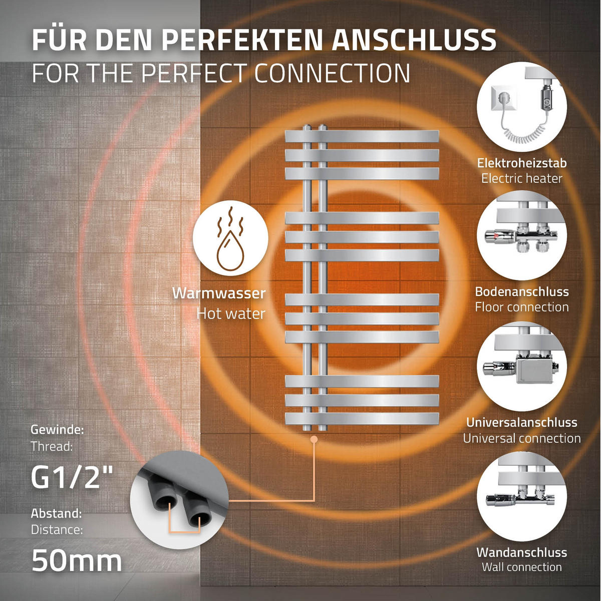 ELEKTRICKÝ koupelnový radiátor Iron EM 500 × 1000 mm, chrom, s topným tělesem 300 W - chromová, kov (50/100/3cm) - LuxeBath