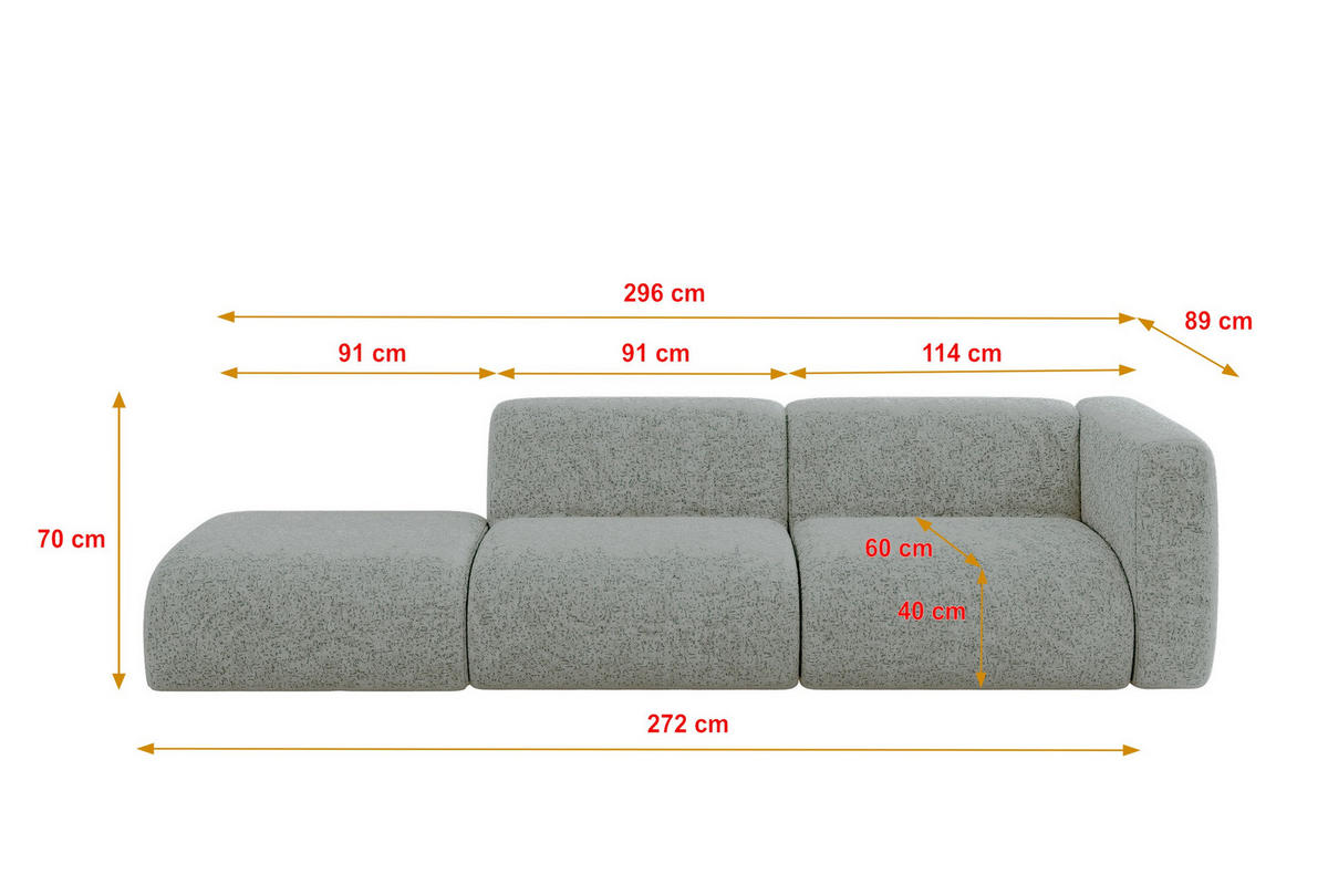 SOFA Ottomane Rechts MIRA-S3 296x89x70 Grün Velours - Schwarz/Hellgrün, Holzwerkstoff/Kunststoff (296/70/89cm) - ALTDECOR