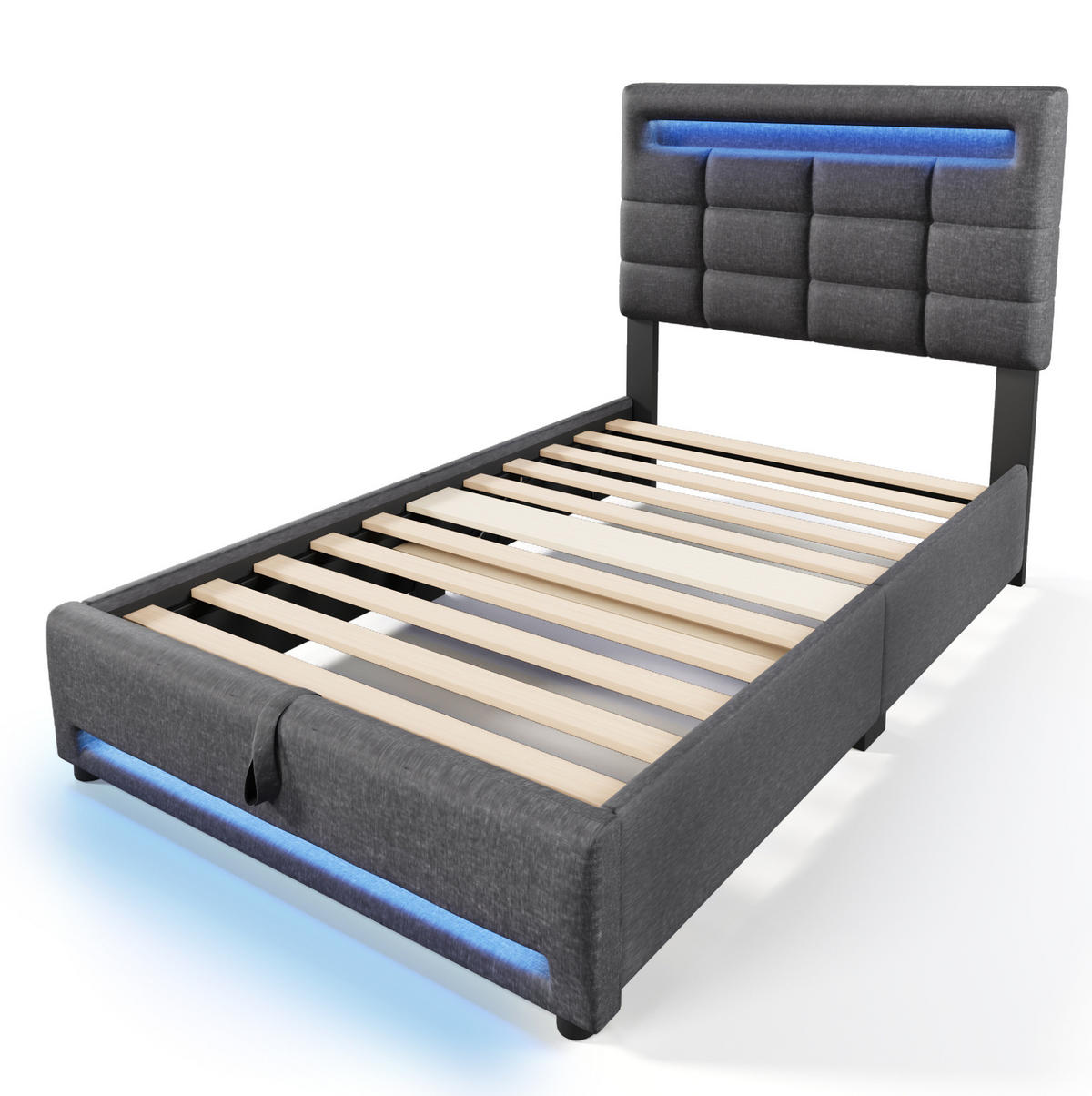 POLSTERBETT mit Stauraum, LED und USB 90x200 cm Leinen Grau - Grau, Metall (90/200cm) - Meubliv