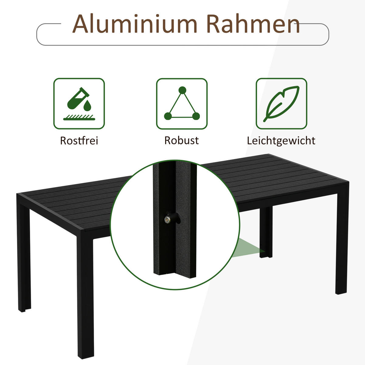 GARTENTISCH 190/84,5/72 cm mit wetterfester Tischplatte und Aluminiumgestell in Holzoptik, Schwarz - Schwarz, Metall (190/84.5/72cm) - Redom
