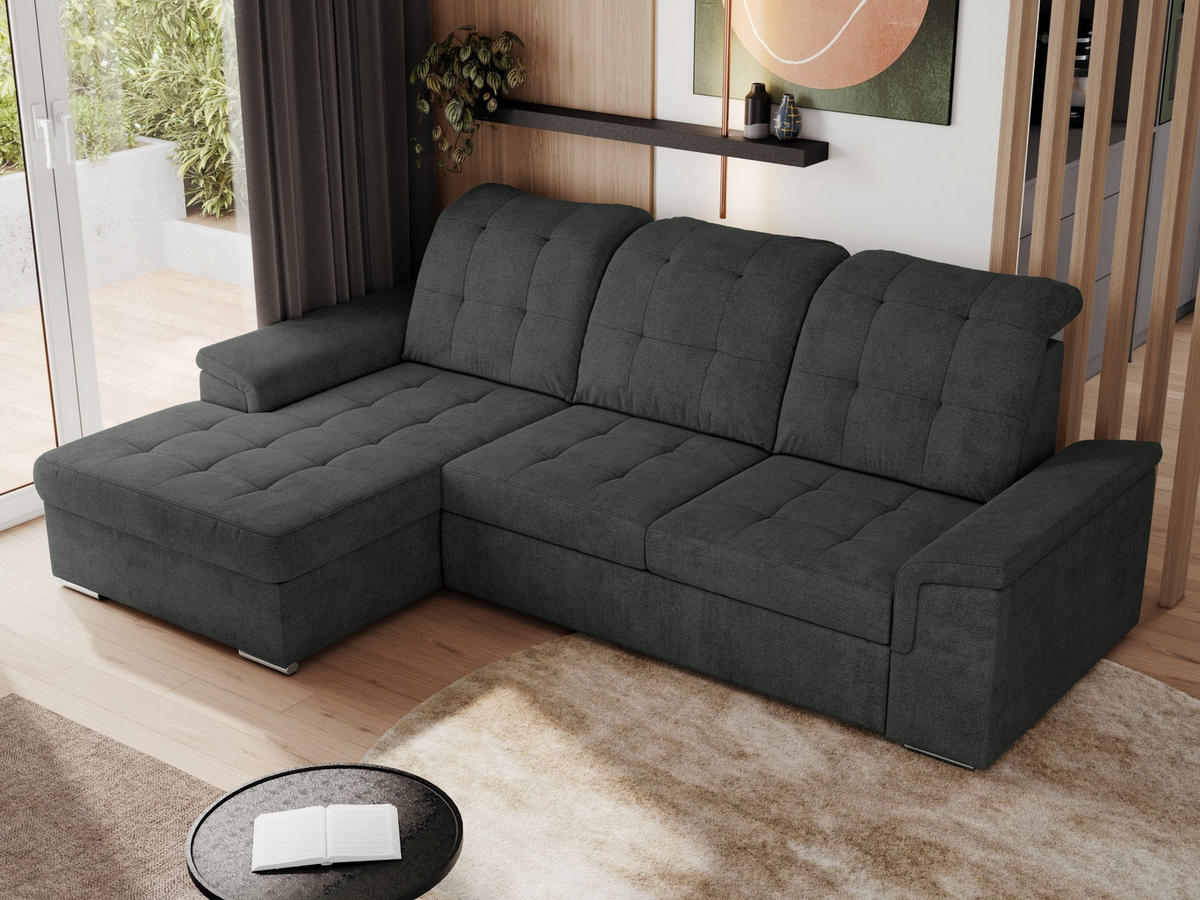 ECKSOFA MADRITO L - Dunkelgrau Struktur - Links - Dunkelgrau/Silberfarben, Textil/Metall (160/256cm)