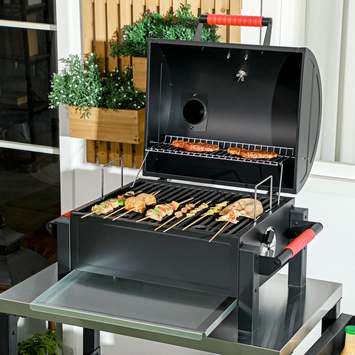 HOLZKOHLEGRILL - Schwarz, Metall (50/54/68.5cm) - Outsunny