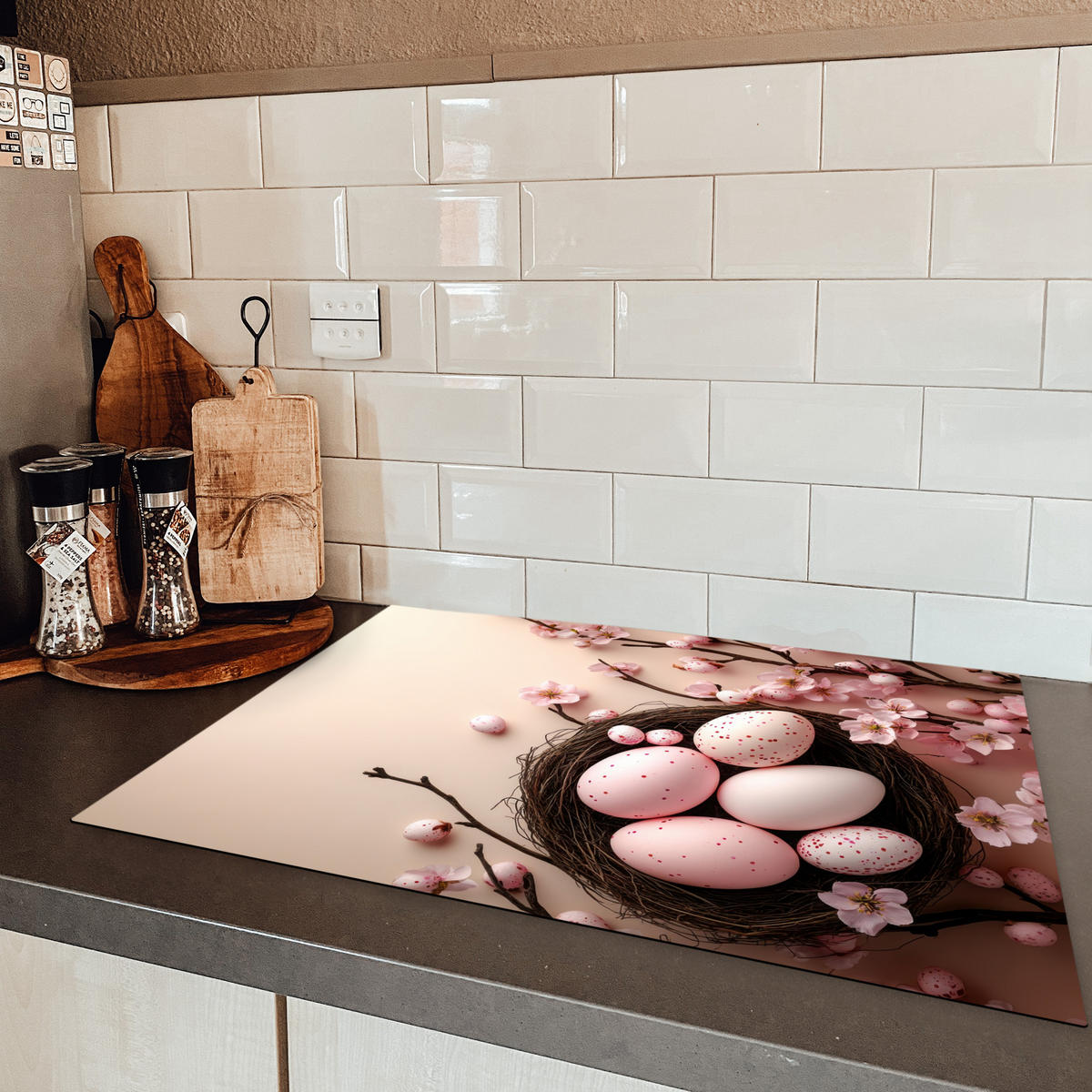 HERDABDECKPLATTE Rosa - Blüten - Eier Herdabdeckung Induktionsfeld 75x52 cm - Hellrosa, Kunststoff (75/52/0.2cm) - MuchoWow