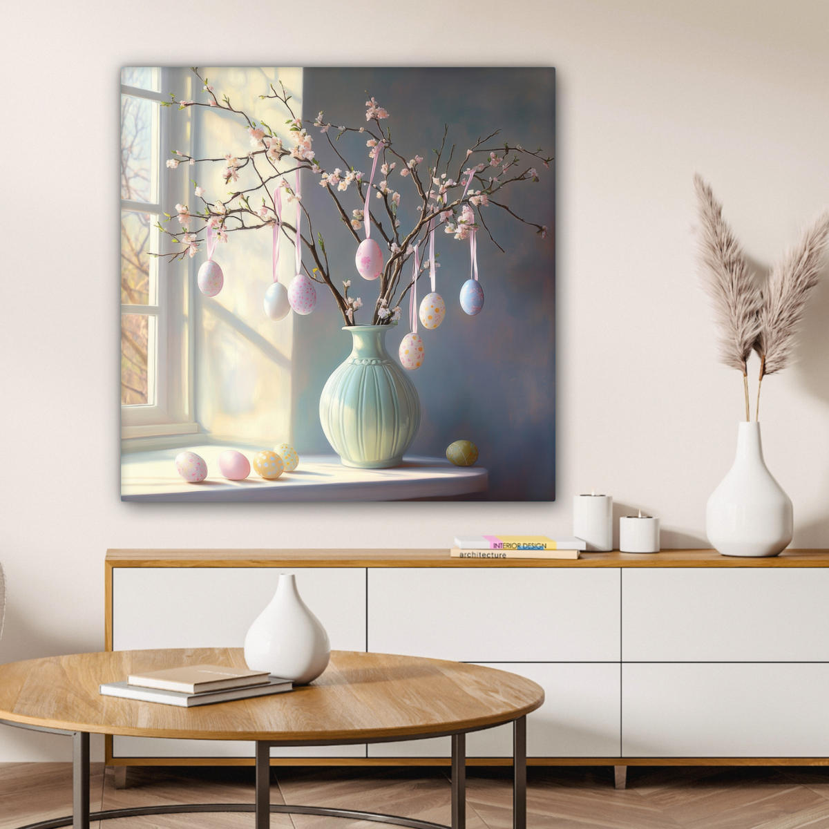 LEINWANDBILD Stillleben - Vase - Osterzweig Deko Groß 90x90 cm - Hellblau, Textil (90/90cm) - MuchoWow