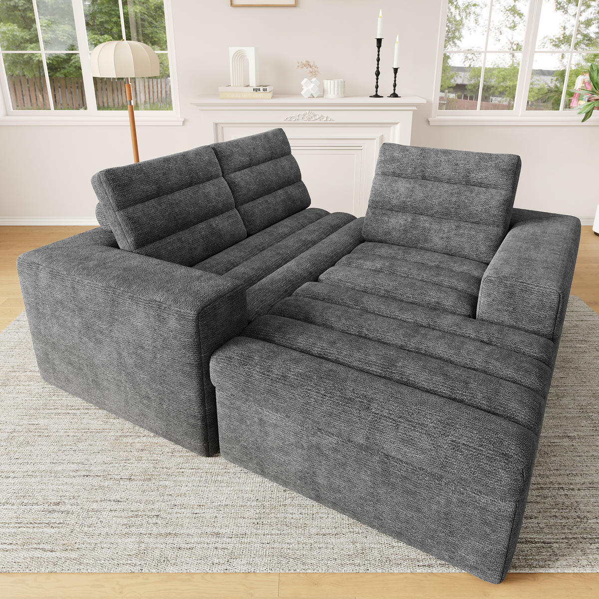 WOHNLANDSCHAFT 253/161/89 cm Hellgrau mit 1 Fußhocker - Hellgrau, Textil (253/89/161cm) - Oxeza