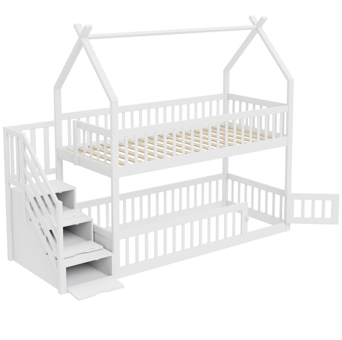 ETAGENBETT aus Massivholz 90x200 cm in Weiß mit Treppe & Schubladen - Weiß, Holz (90/200cm) - Modfu