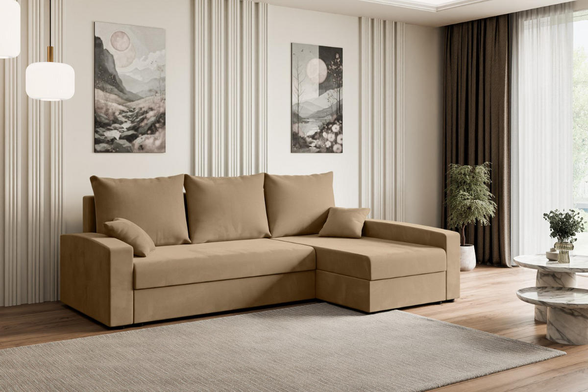 ECKSOFA mit Schlaffunktion und Bettkasten ALESIA-L 231x140x90 cm Beige Velours - Beige/Silberfarben, Holzwerkstoff/Kunststoff (231/140cm) - ALTDECOR