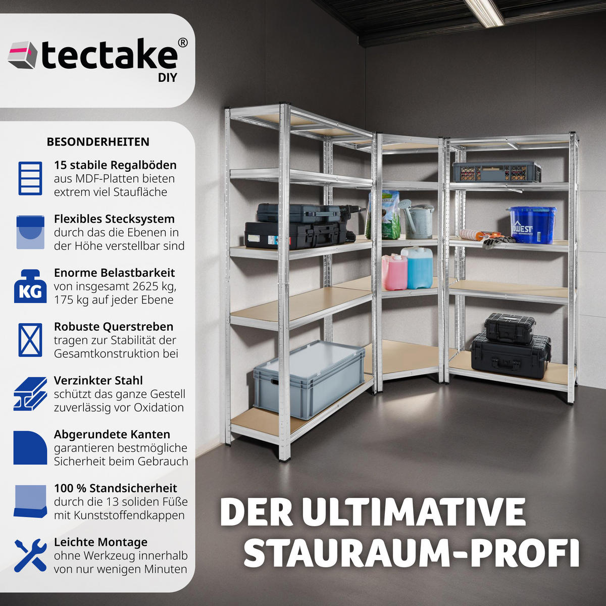 SCHWERLASTREGALSYSTEM Gustav,variable Montage im Stecksystem,silber - Silberfarben, Metall (165/180/165cm) - tectake