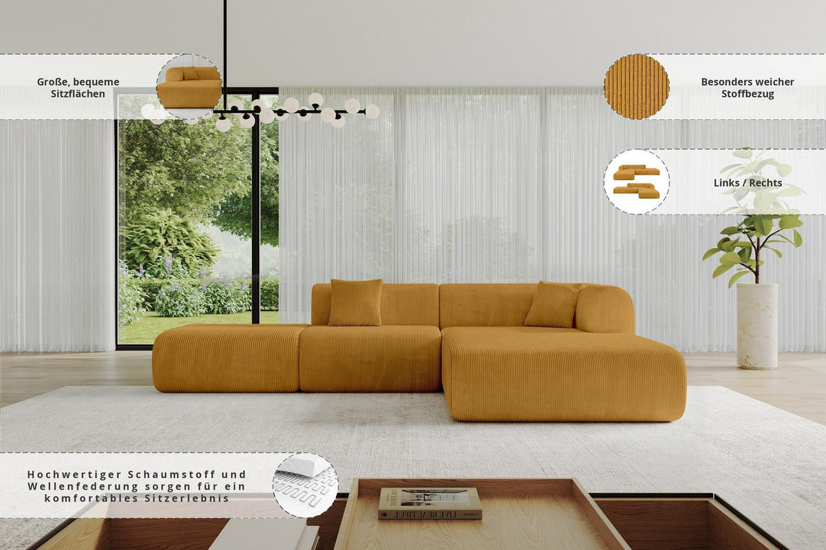 ECKSOFA Ottomane Rechts OVLY-L 289x176x71 Senfgelb Cord - Currygelb/Dunkelgelb, Holzwerkstoff/Kunststoff (289/176cm) - ALTDECOR