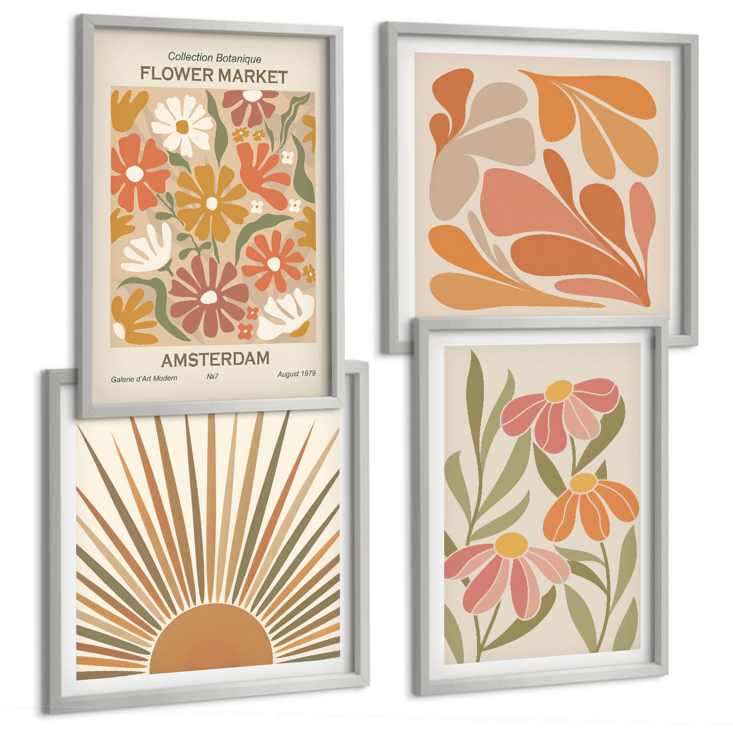 BILDER SET 4er Set - 50x50 cm & 40x60 cm Silberner Rahmen - Pastellfarbene Sonnenblumen - Silberfarben, Kunststoff (50/50cm) - TULUP