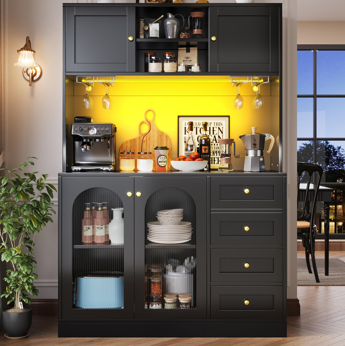 BUFFETSCHRANK 120/40/188 cm schwarz aus MDF mit LED-Lichtleiste - Schwarz, Holzwerkstoff (120/188/40cm) - OKWISH