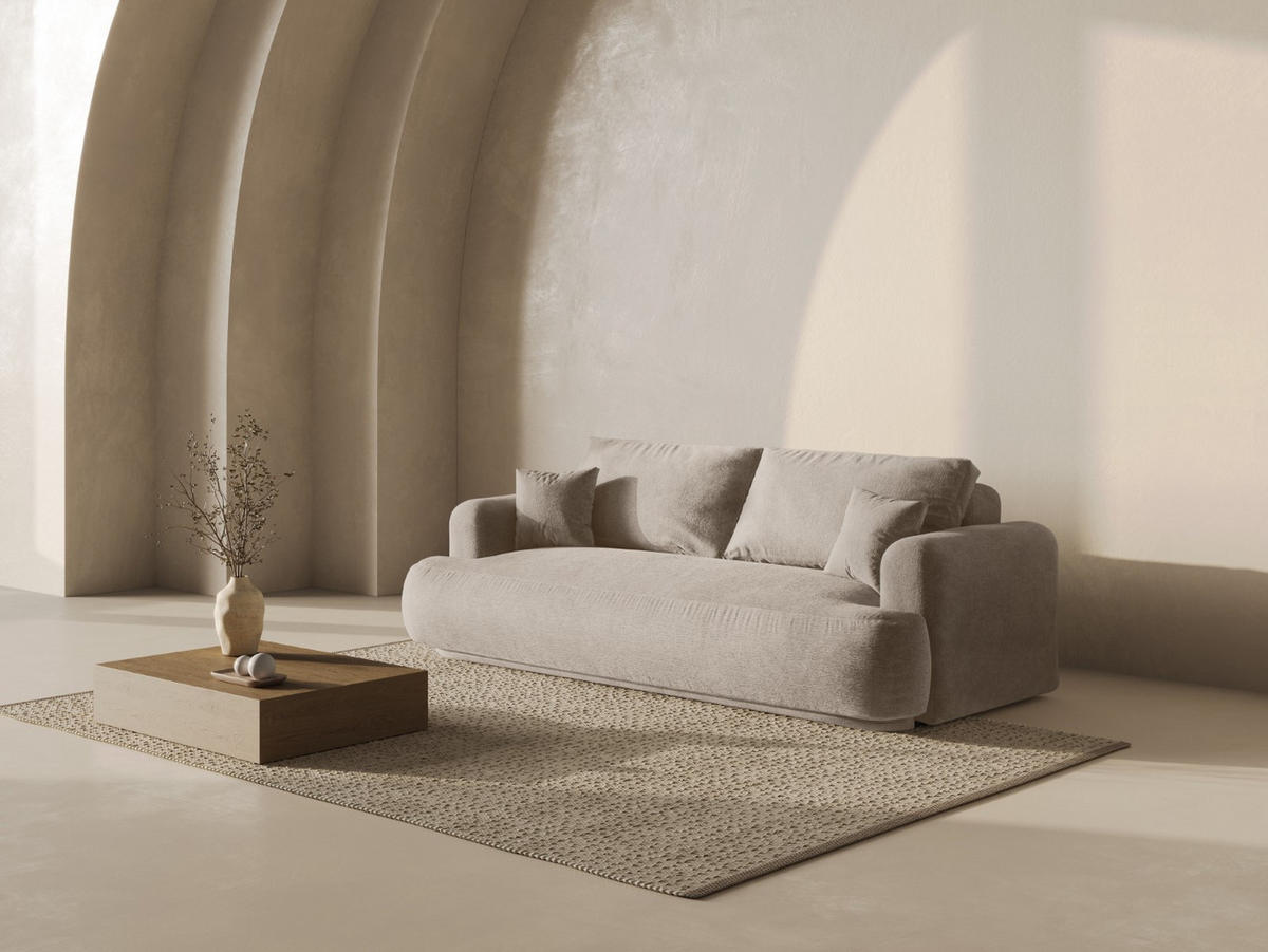 SOFA ausklappbar mit Bettkasten Ella aus strukturiertem Stoff sandfarben 3 Sitzplätze - Sandfarben, Textil (108/94/271cm) - Micadoni