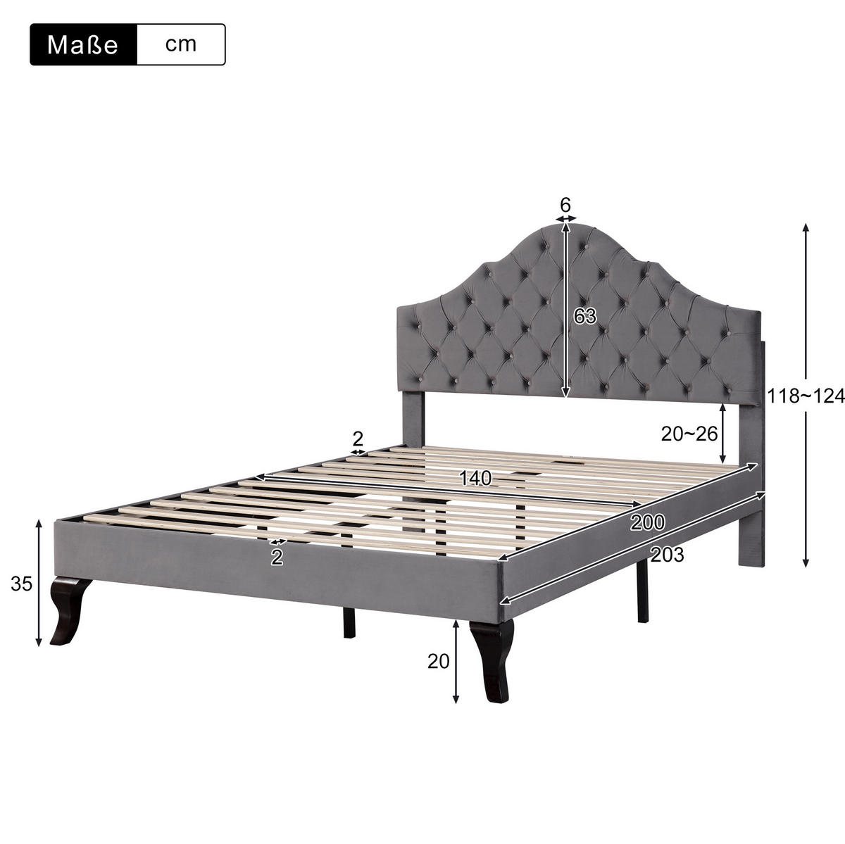 SAMT-POLSTERBETT 140/200 cm in Grau mit gepolstertem Kopfteil und Lattenrost - Grau, Textil (140/200cm) - BEAOK