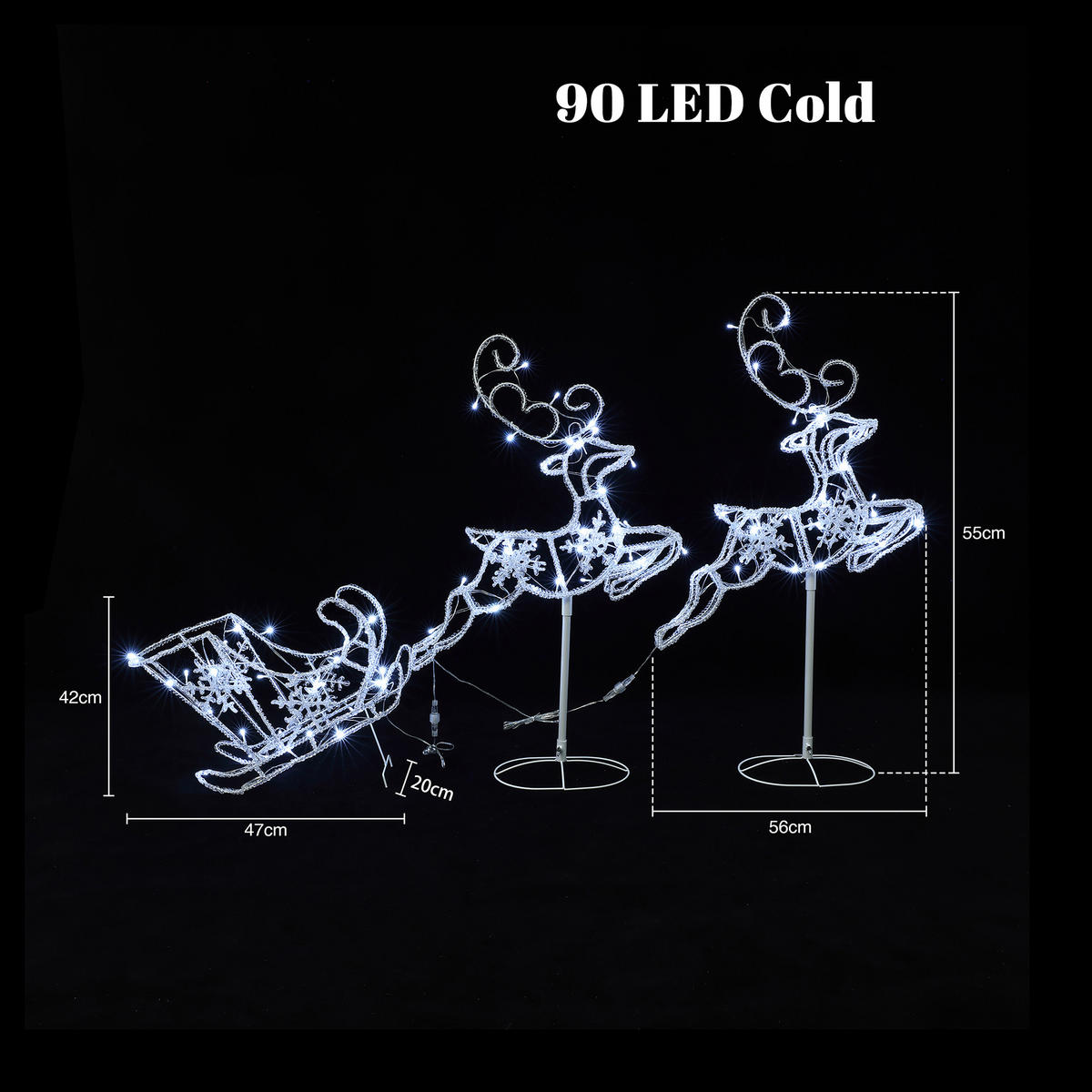 LED-RENTIERE mit Schlitten, kaltweiß mit Timer & IP44 | 90 LEDs, 2er-Set - Weiß, Metall (159/55/20cm) - Hometopia