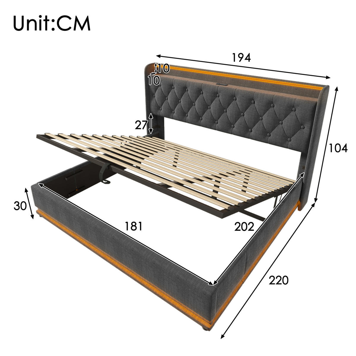 POLSTERBETT mit LED und Stauraum 180x200 cm Leinen Grau - Dunkelgrau, Metall (180/200cm) - Meubliv