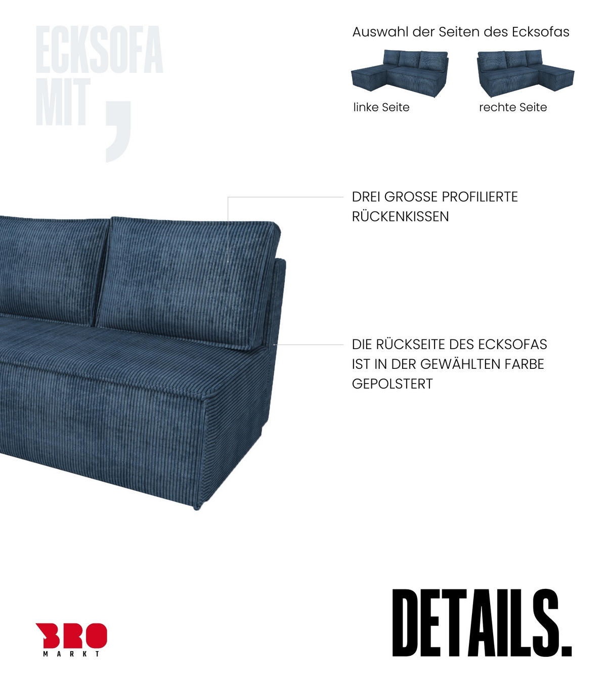 ECKSOFA Hector mit Schlaffunktion Blau Cord - Blau, Textil (200/141cm) - Bromarkt