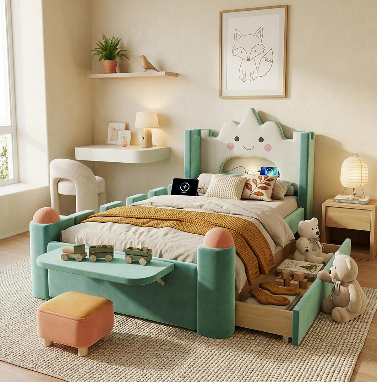 POLSTERBETT 90/200 cm Blaugrün mit LED und USB ohne Matratze - Petrol, Textil (90/200cm) - MIVRAY