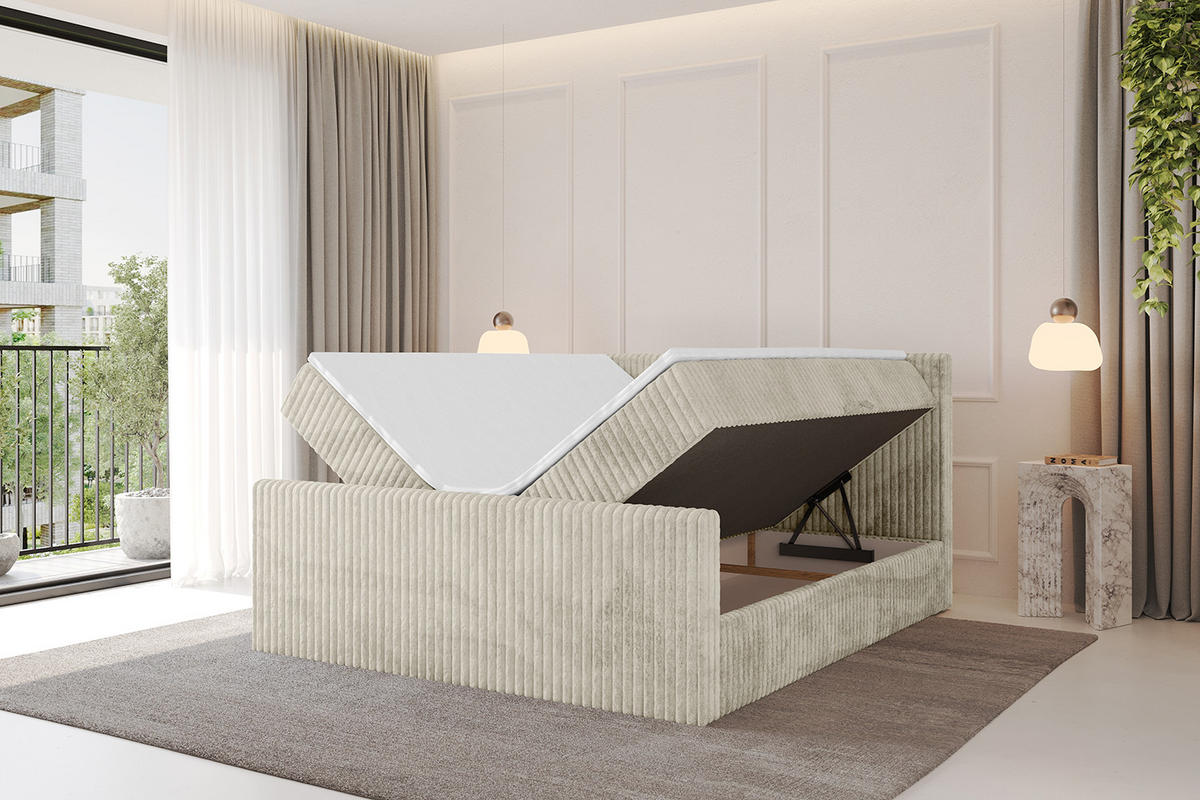 BOXBETT mit Matratze H3 und Lattenrost - TOLO-Z - 140x200 Cord - Creme - Champagner, Holzwerkstoff (140/200cm) - ALTDECOR