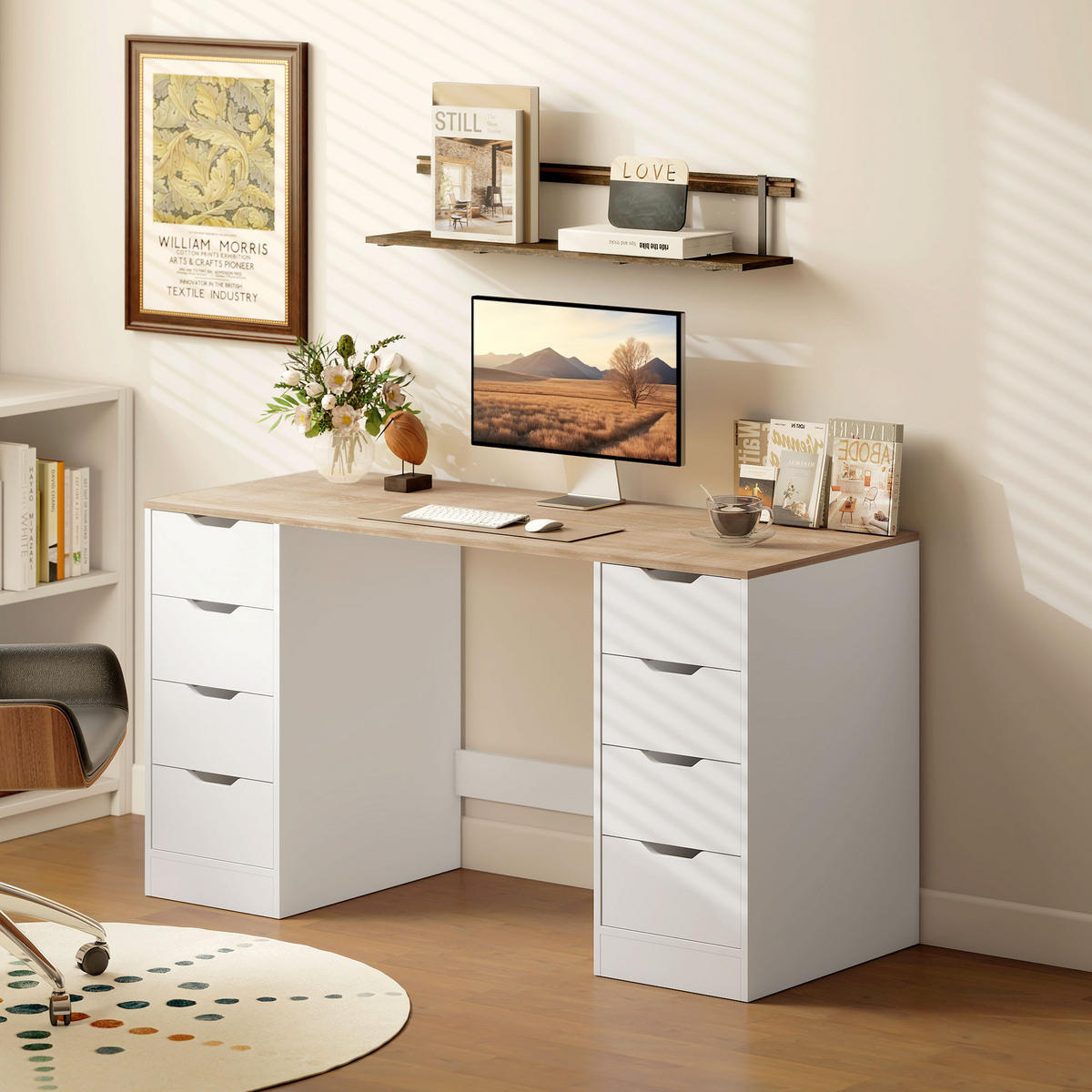 SCHREIBTISCH mit 8 Schubladen Moderner Bürotisch 140 x 53 x 75 cm Weiß - Weiß, Holzwerkstoff (140/53/75cm) - HOMCOM