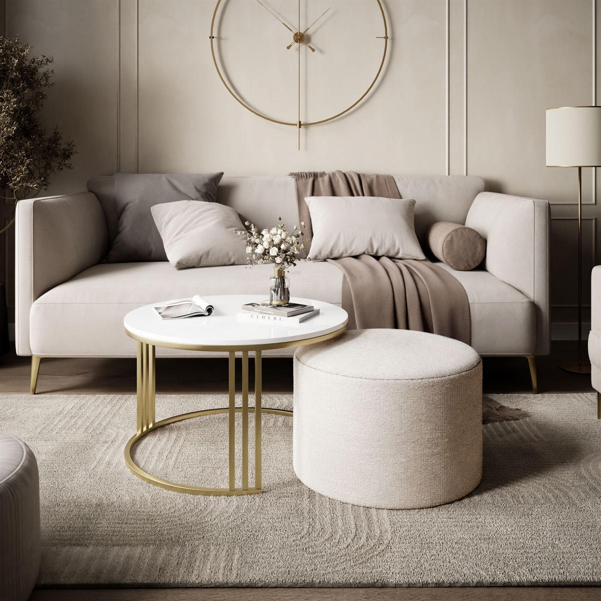 COUCHTISCH mit Hocker LORI Hochglanz gebürstetes Gold/weißer Glanz/Perfect Harmony 01 - Weiß, Metall (70/70/49cm) - Lookway