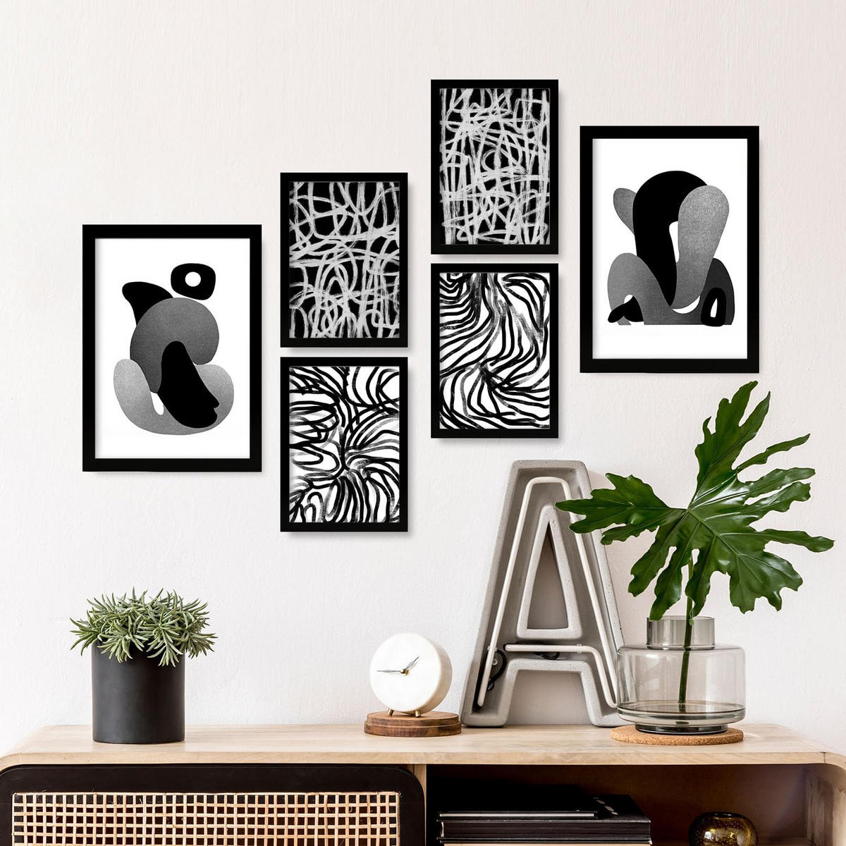 POSTER Set Mit 6 Kaput Handwerk In Liebhaber Abstrakt Ästhetische Dekorative Gemälde Für Ihr Wohnzimmer Schlafzimmer Zuhause A3 & A4 Schwarzer Rahmen - Schwarz, Papier (29/3cm) - Nacnic