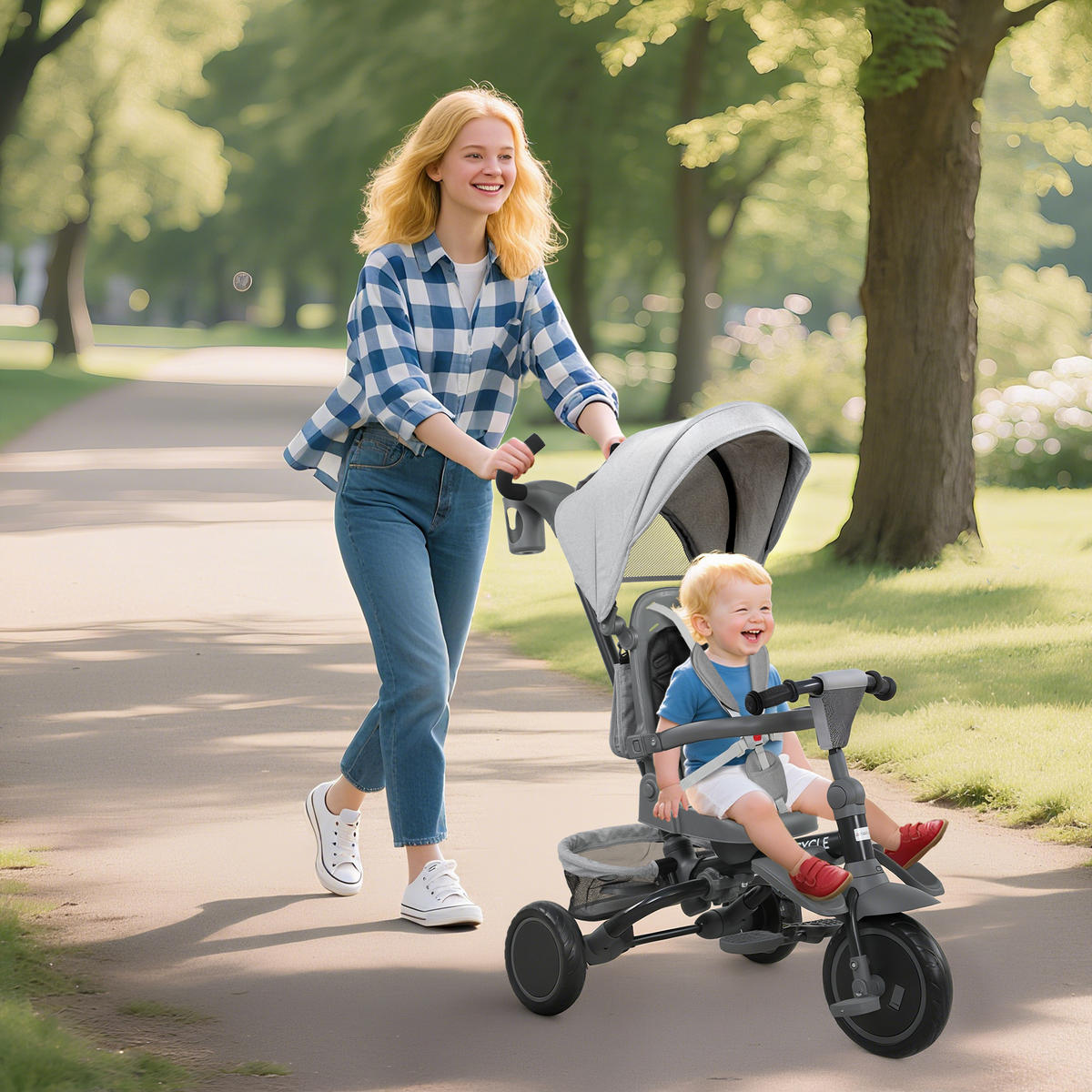 DREIRAD 6in1 mit Schubstange für 1-5 Jahre Kinderdreirad mit drehbarem Sitz Grau - Grau, Metall (111.5/52/98cm) - AIYAPLAY
