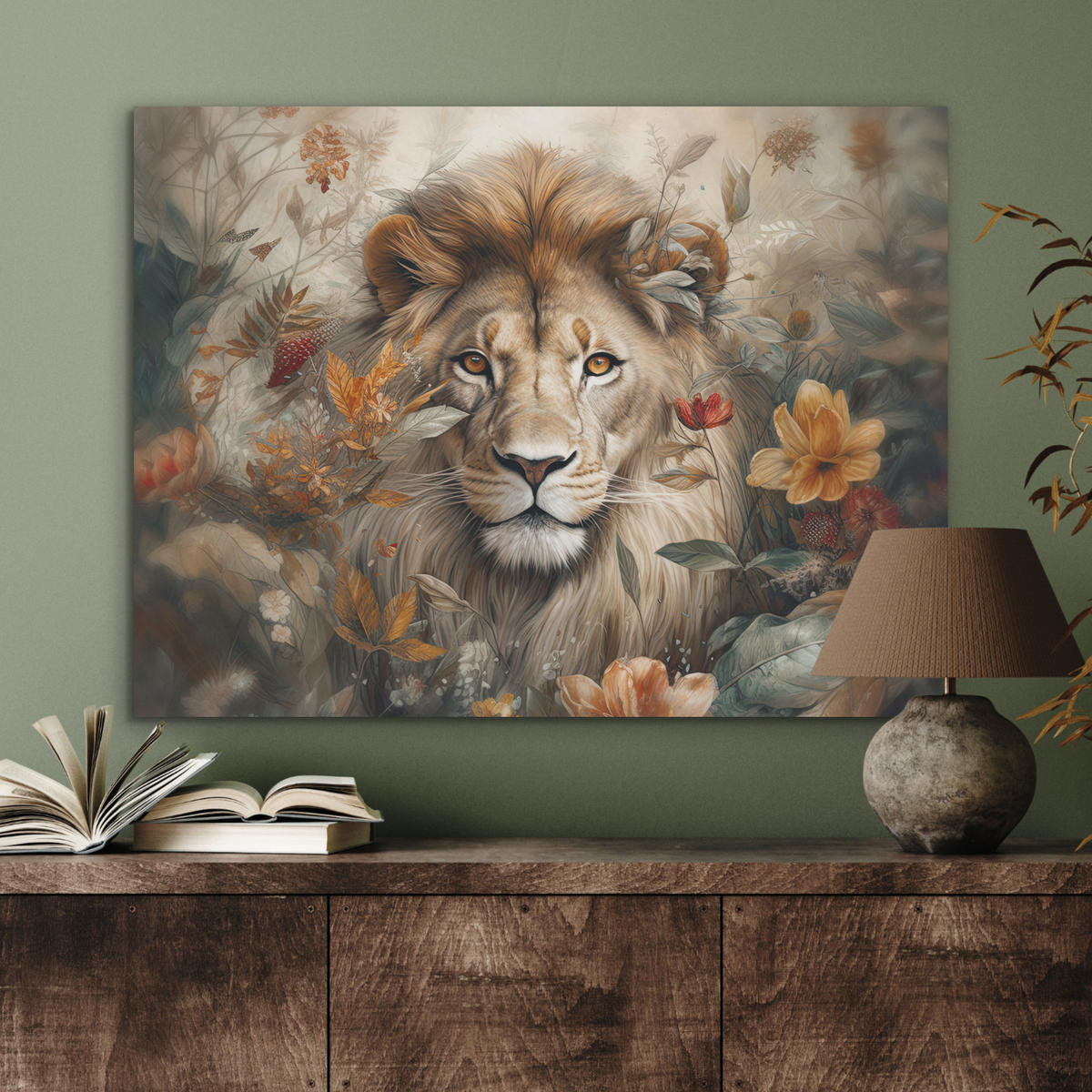 AKUSTIKPANEEL Löwe - Wildtiere - Pflanzen - Natur - Blumen 80x60 cm - Beige, Textil (80/0.9/60cm) - MuchoWow