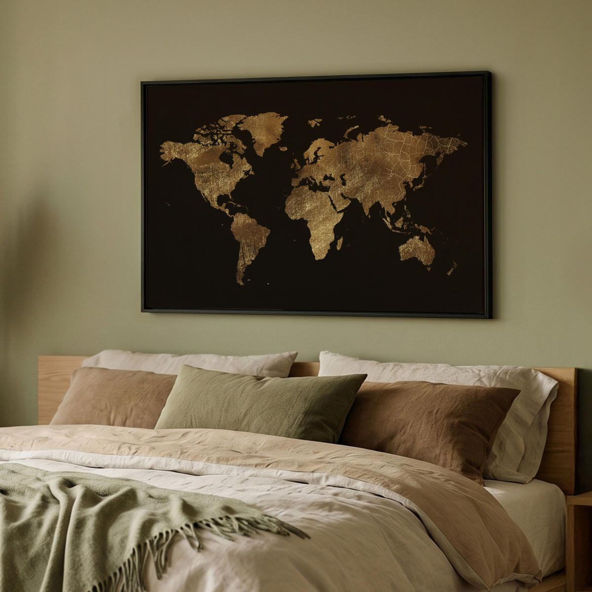 LEINWAND Bilder mit Rahmen - Weltkarte - Gold - Luxus - Erde - Schwarz - 90x60 - Goldfarben, Textil (90/60cm) - MuchoWow