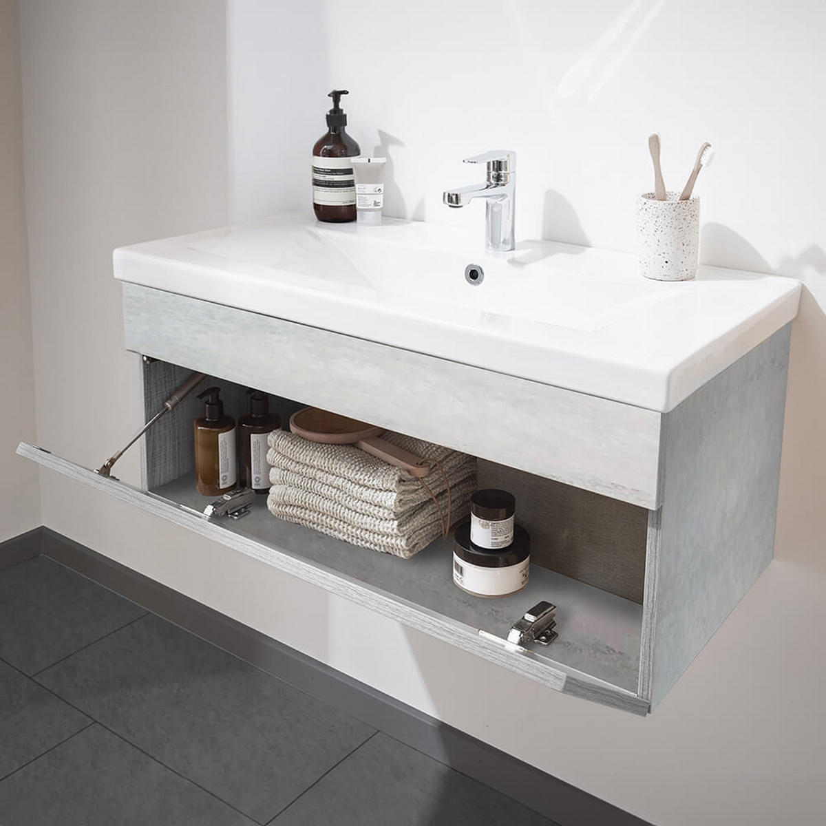 BADMÖBEL Komplettset WANGEROOGE BIG S - Grau - Grau, Holz/Keramik (33/41/80cm) - Home Deluxe