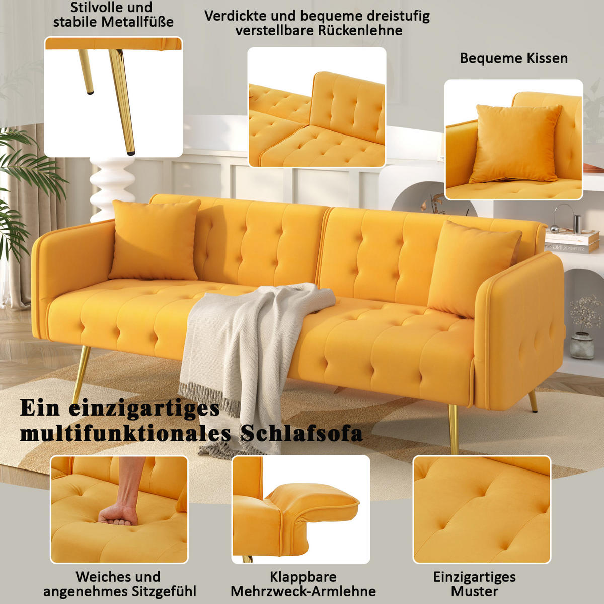 SOFABETT 2-in-1 mit Schlaffunktion 215 x 81,5 cm Velours Yellow - Gelb, Kunststoff (178/70/82cm) - Meubliv