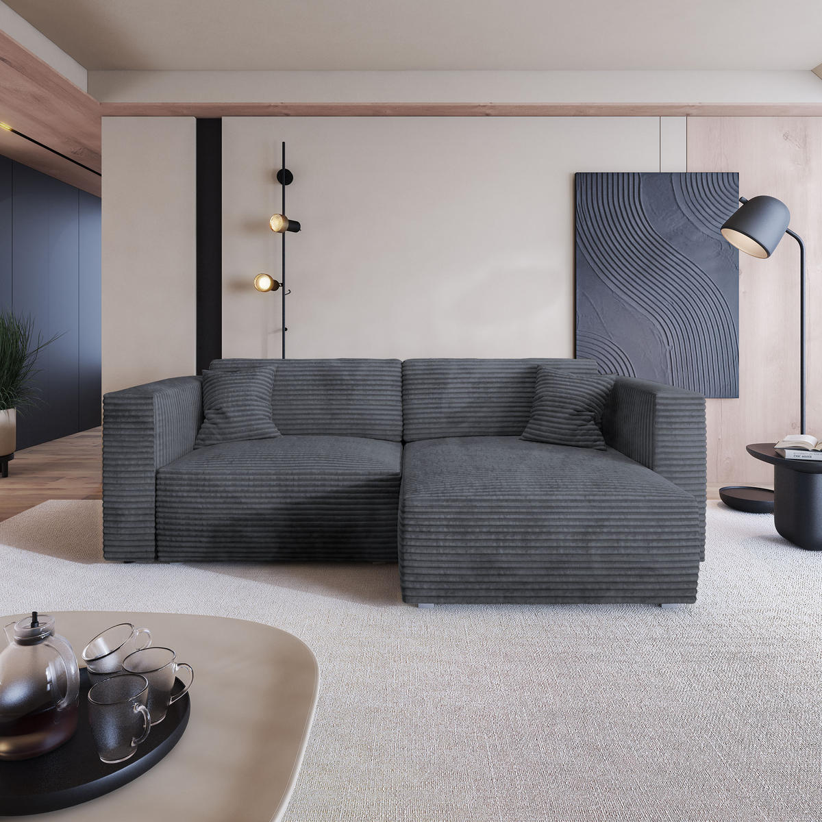 ECKSOFA NERIO Graphitfarben Kordstoff mit Schlaffunktion - Graphitfarben, Holz (245/148cm) - MASSENO