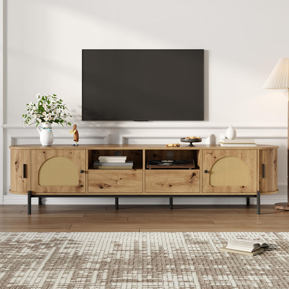 TV-SCHRANK oval Rattan Holzoptik - Naturfarben, Holzwerkstoff (200/49.5/40cm)