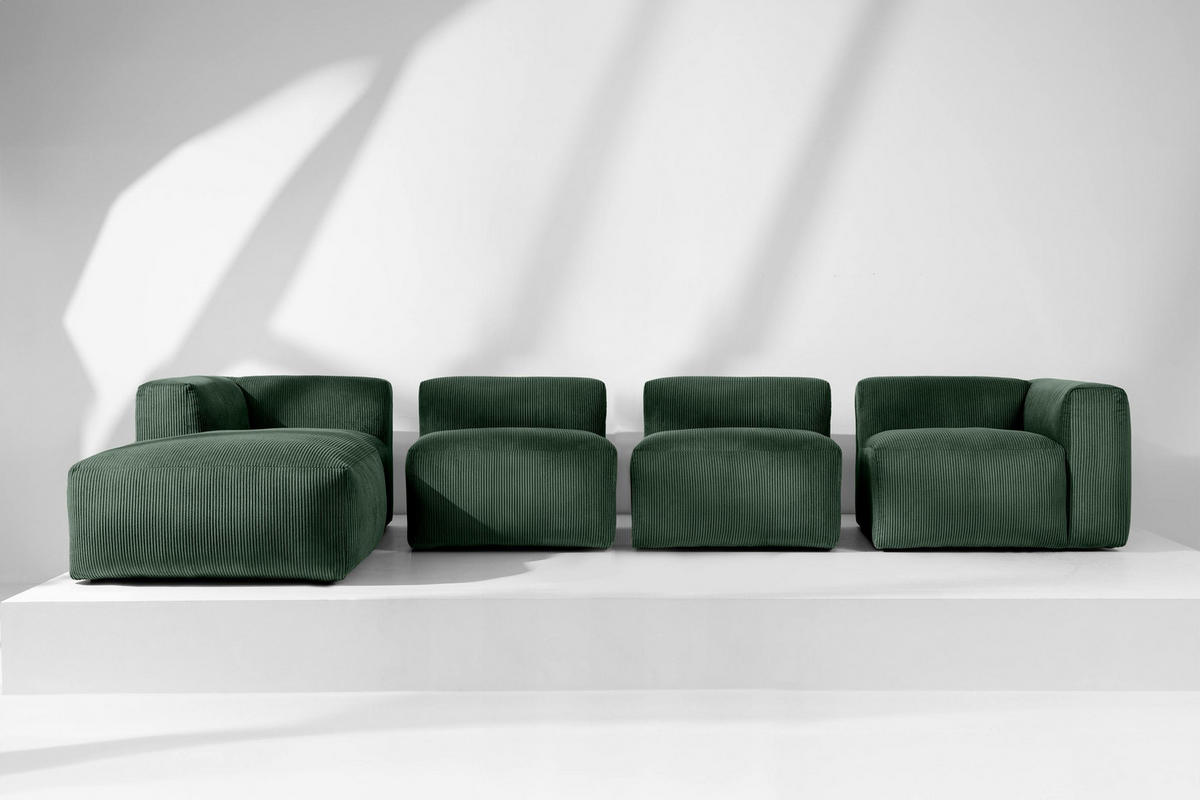 ECKMODULSOFA-LINKS BUFFO 6-Sitzer mit extrem weicher Sitzfläche, Kordstoff, dunkelgrün - Dunkelgrün, Textil (377/180cm) - KONSIMO®