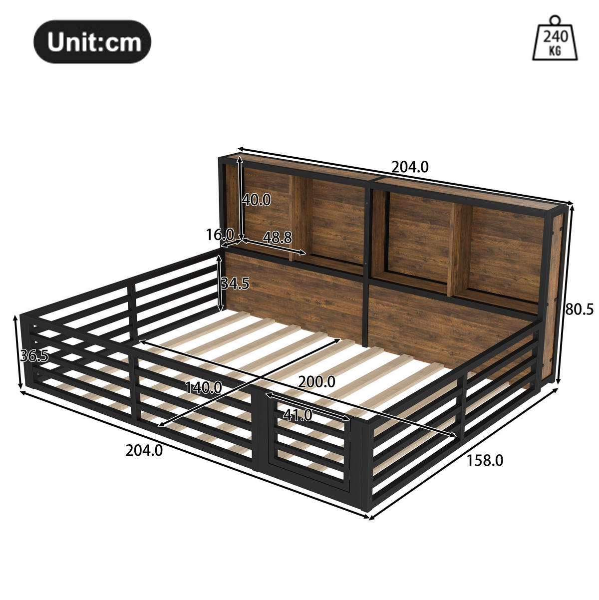 BETT aus Metall und MDF 140x200 cm Schwarz mit Lattenrost, Ablagefächern und LED-Beleuchtung - Schwarz, Metall (140/200cm) - IVMEU