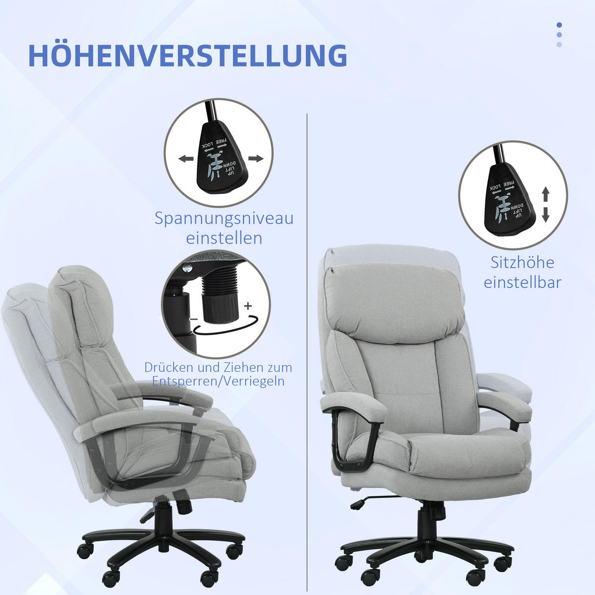 BÜROSTUHL mit Drehfunktion 68,5L x 79B x 117-125cm Hellgrau - Hellgrau, Kunststoff (68.5/125/79cm) - HOMCOM