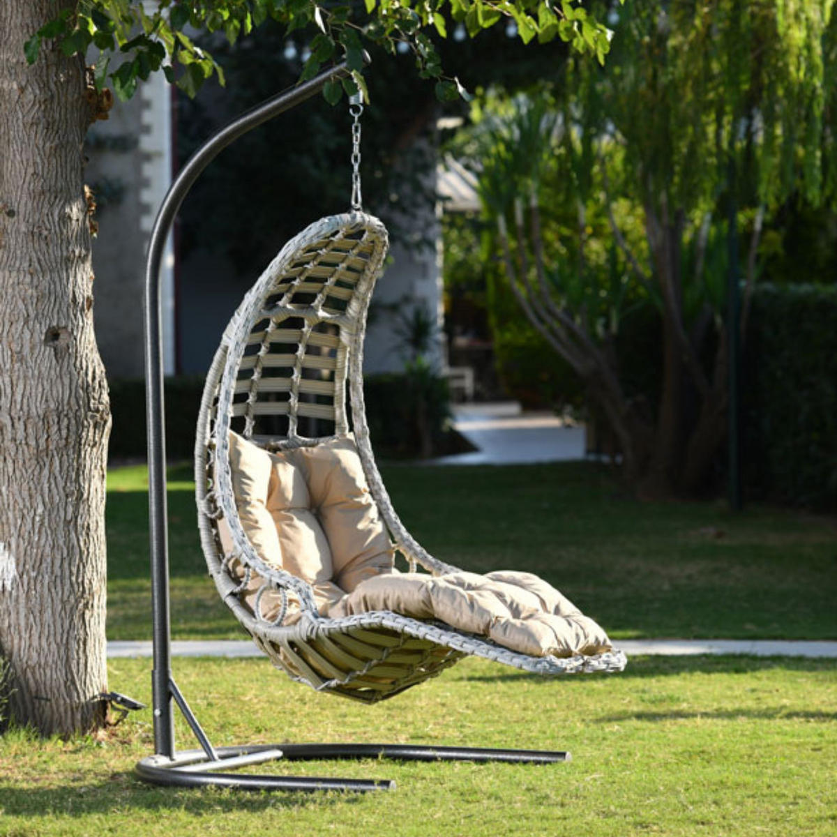 HÄNGESESSEL Gartenschaukel Rattan mit Gestell Hängeschaukel Bodrum - Weiß, Metall (120/212/106cm) - Gowoll