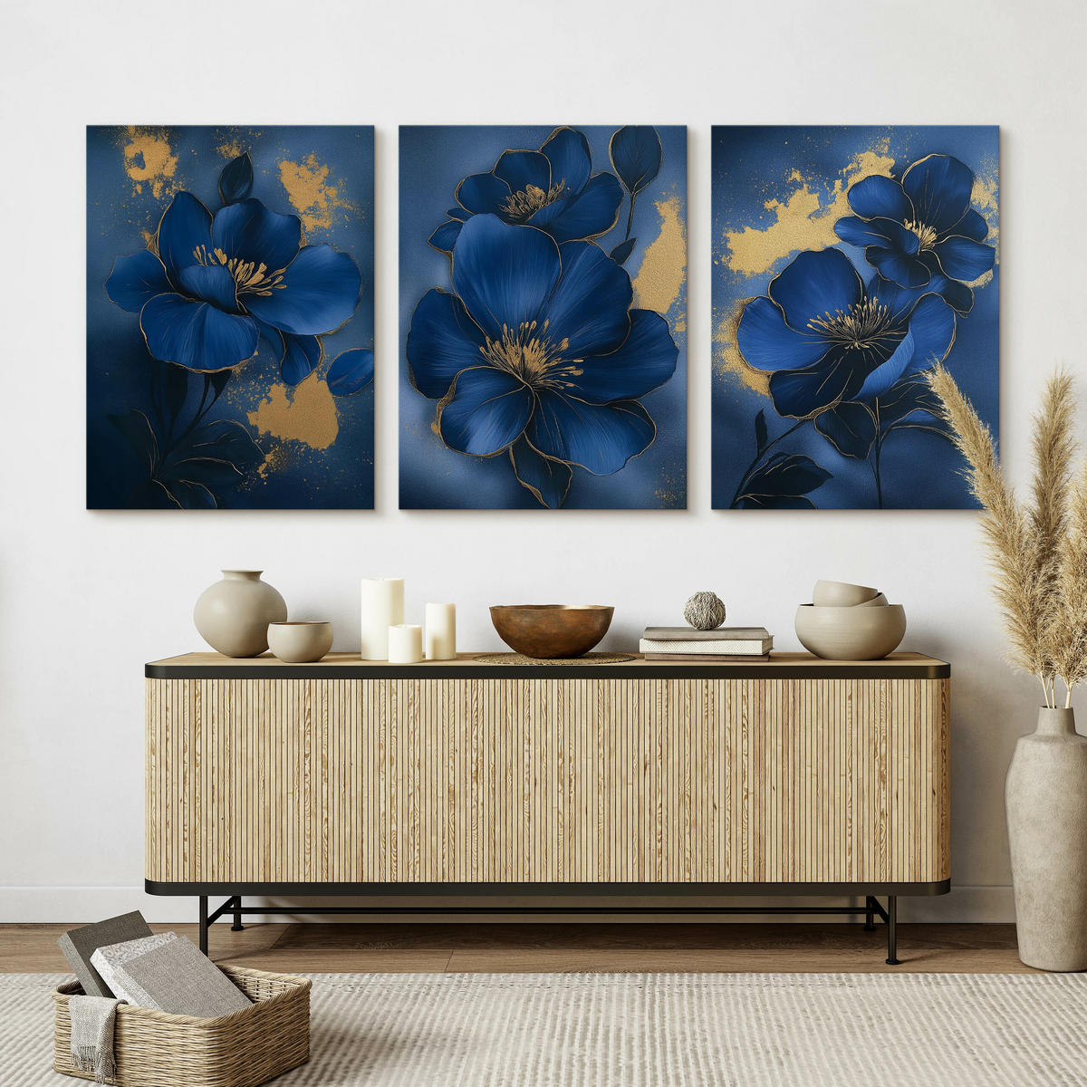 LEINWANDBILDER 3-es Set Glamour Blumen - Blau/Beige, Textil (90/40cm) - Muralo