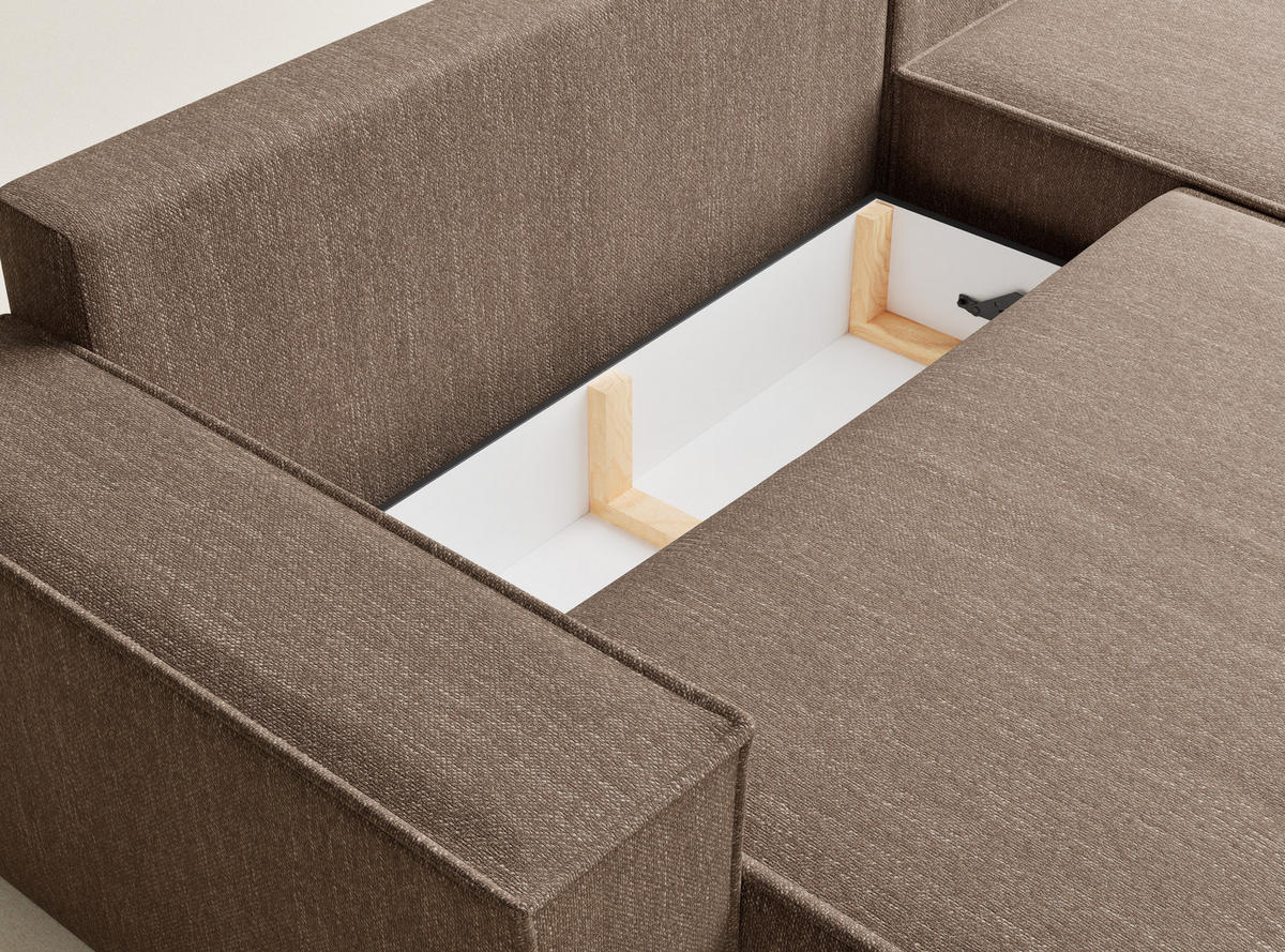 ECKSOFA MIT SCHLAFFUNKTION Maze Hellbraun Webstoff - Hellbraun/Schwarz, Holz/Holzwerkstoff (294/185cm) - Maison de Reve