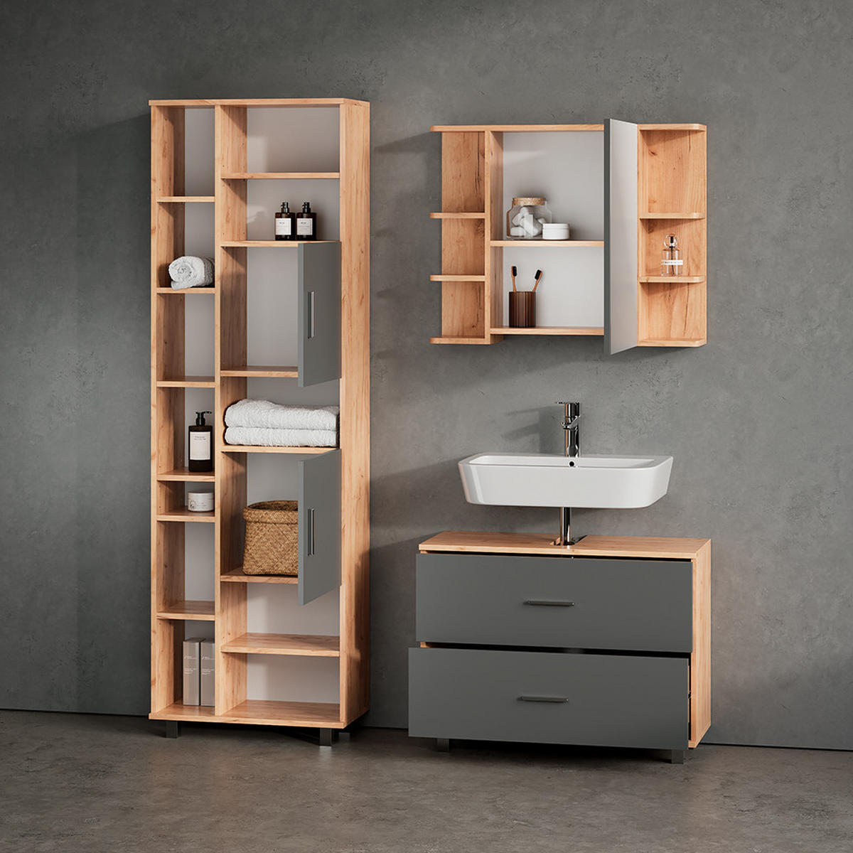 BADMÖBEL-SET Eisak Anthrazit/Goldkraft Eiche 3 Teile, mit Hochschrank - Anthrazit/Eiche Wotan, Holzwerkstoff (80/60/33cm) - Livinity®