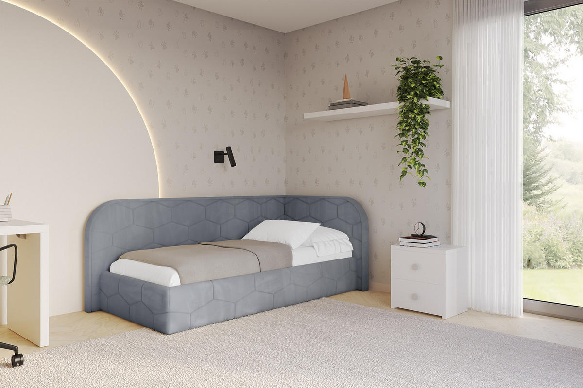 EINZELLBETT Jugendbett mit Bettkasten und Matratze H3/H4, Links - JAXY 90x200 Grau - Grau, Holzwerkstoff/Textil (90/200cm) - ALTDECOR