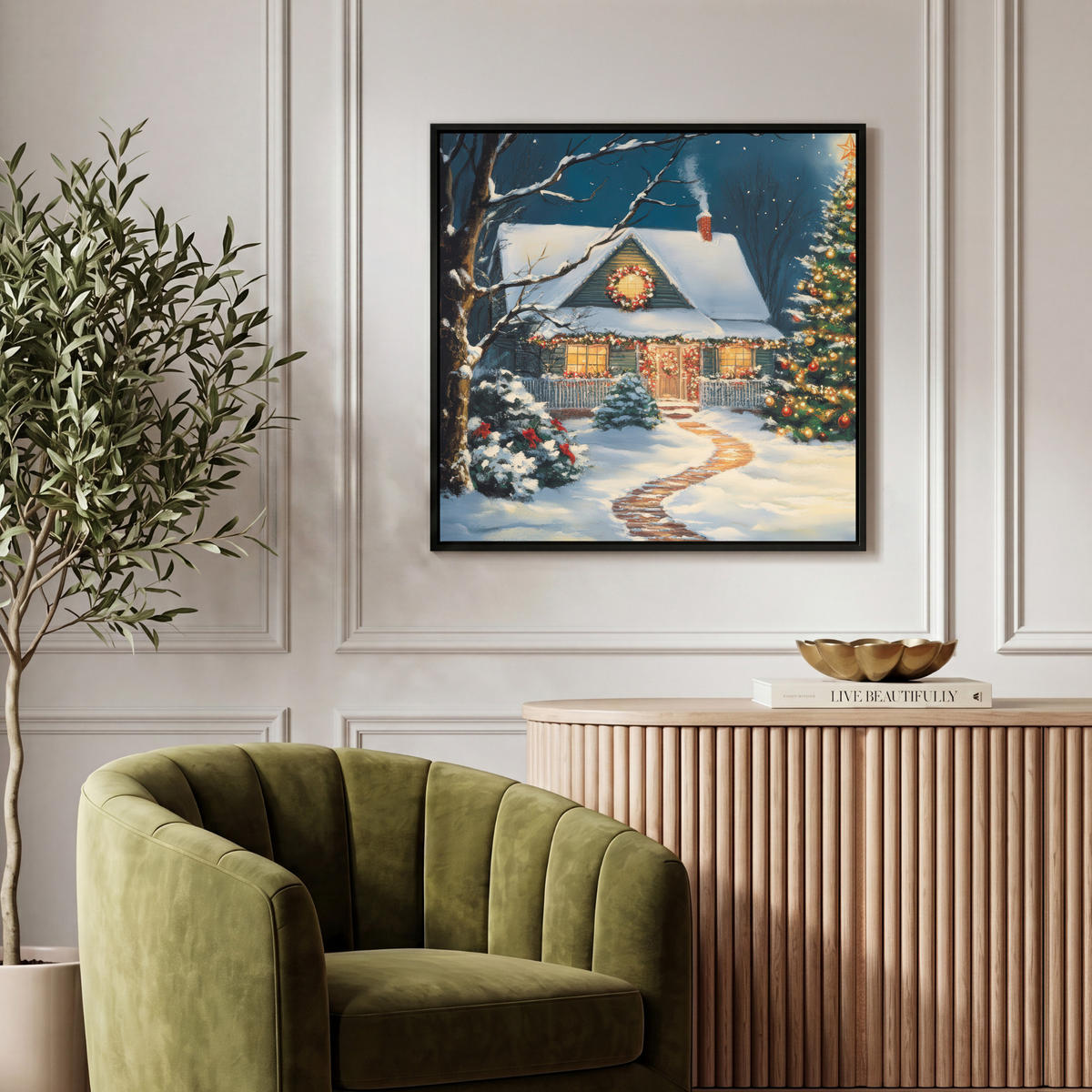 LEINWAND Bilder mit Rahmen - Weihnachten - Weihnachtsbaum - Winter - Zuhause - Schnee - 50x50 - Smaragdgrün, Textil (50/50cm) - MuchoWow
