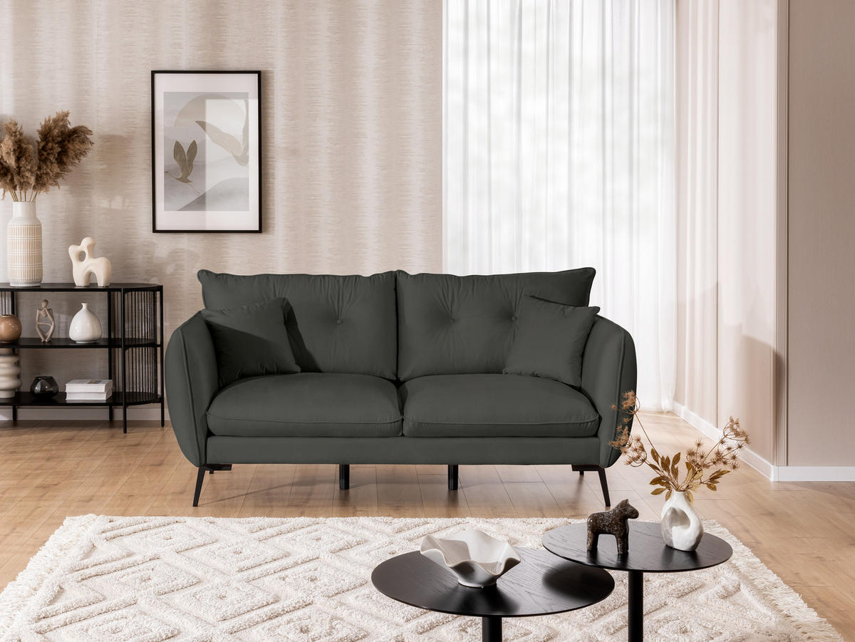 SITZGARNITUR 3+1 Nordloft Dunkelgrau Samt - Dunkelgrau/Schwarz, Holz/Textil (163/86/59cm) - S-Style Möbel