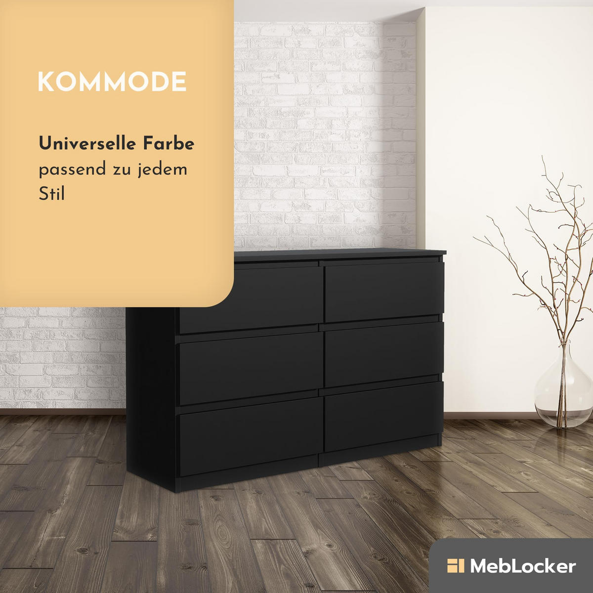 KOMMODE mit 6 Schubladen 120 cm Schwarz - Schwarz, Holzwerkstoff (120/78.5/39cm) - MebLocker