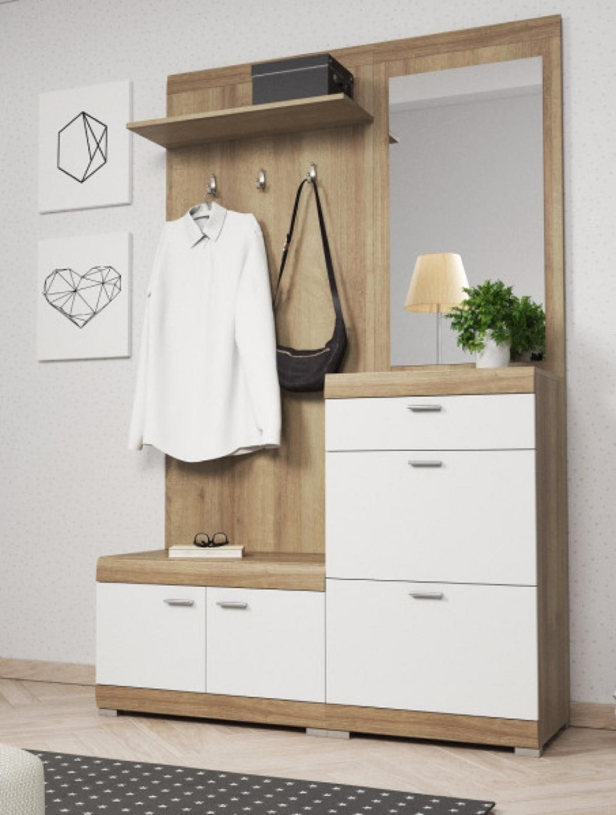 GARDEROBE Weiß Riviera Eiche Stillo Mit Spiegel Mit Regalen - Multicolor, Holzwerkstoff (135/197/34cm) - Sepro Meble