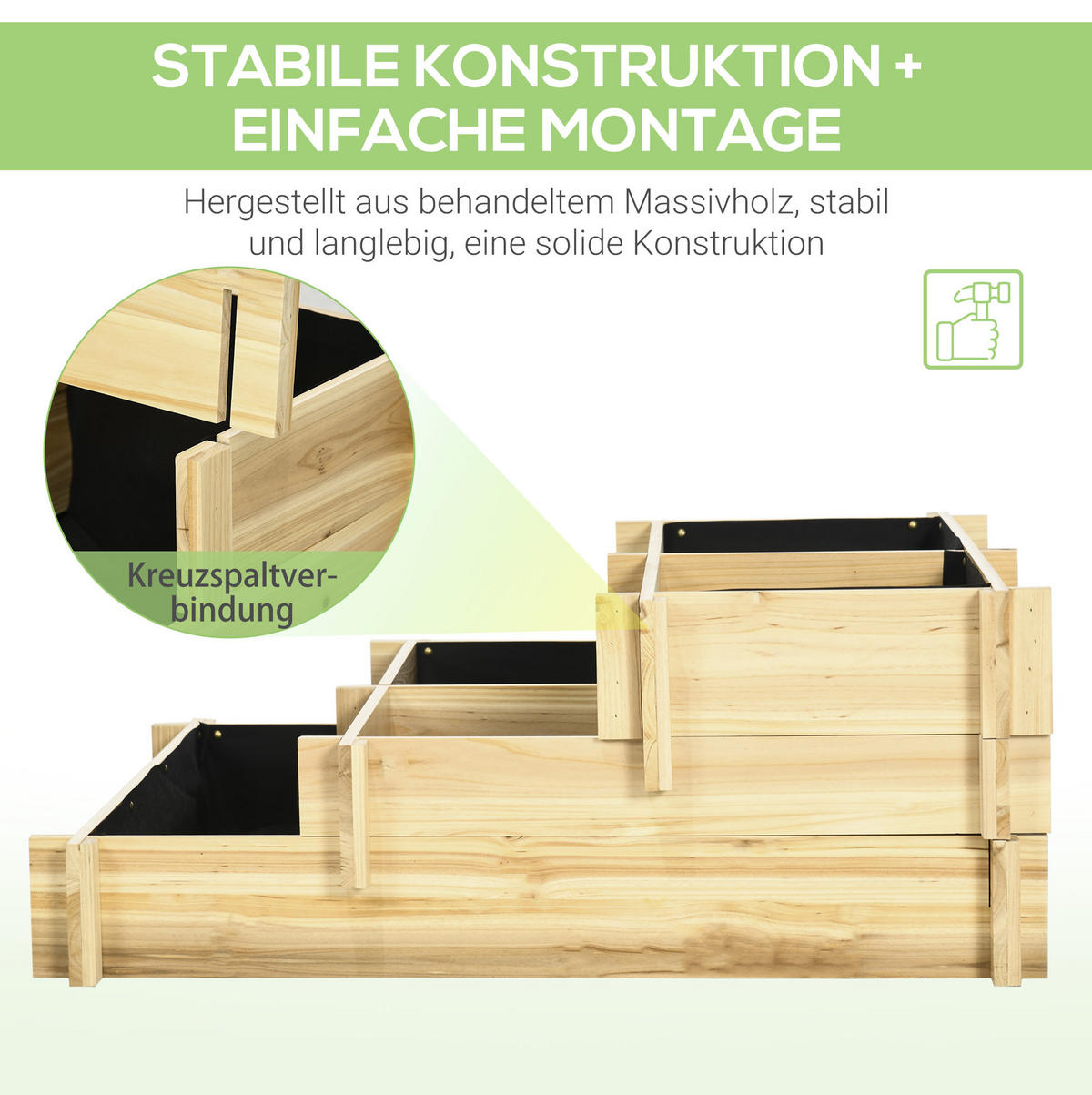 TRUHLÍK na kvety z dreva, 93/93/35 cm, prírodný, 3-stupňový s 5 priehradkami - prírodná farba, drevo (93/35/93cm) - BEAOK