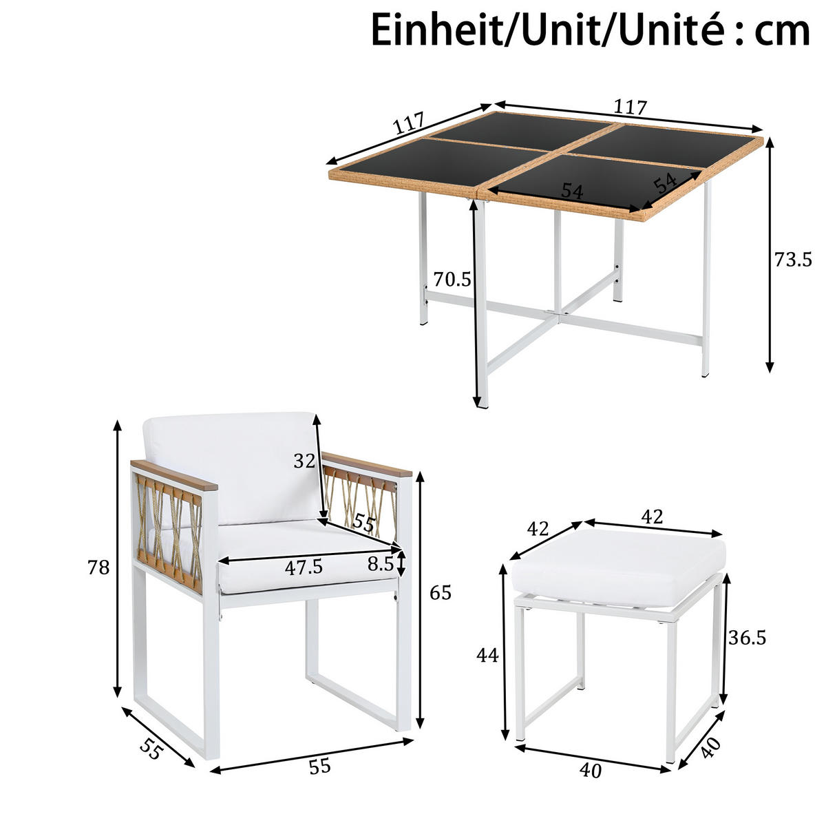 GARTENMÖBELSET 7-tlg. mit Tisch, 4 Sesseln und 2 Hockern 117 x 117 cm Natur/Weiß - Weiß, Metall - Beauniv